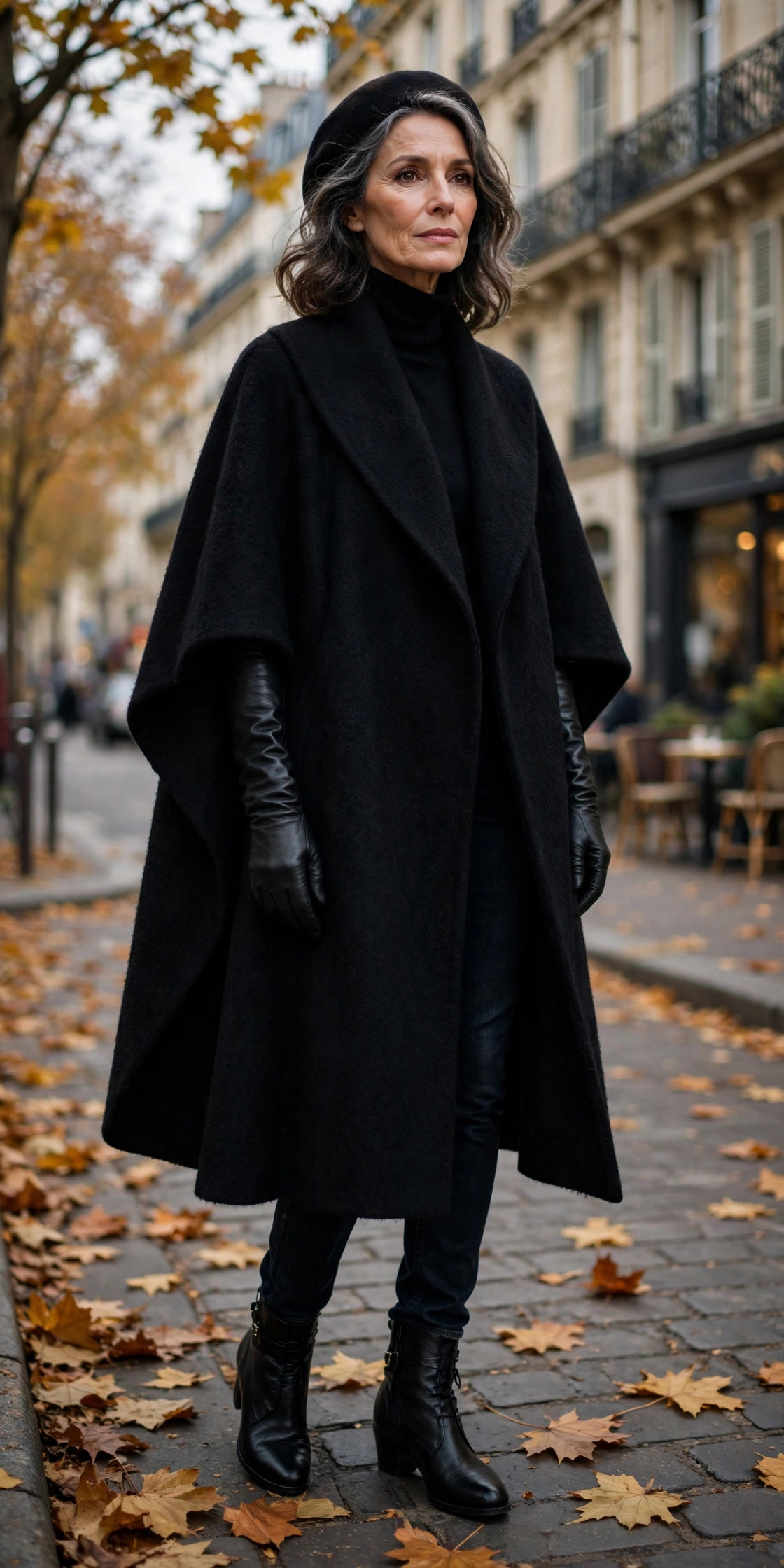 Black cape with long leather gloves and beret over dark jeans and ankle boots