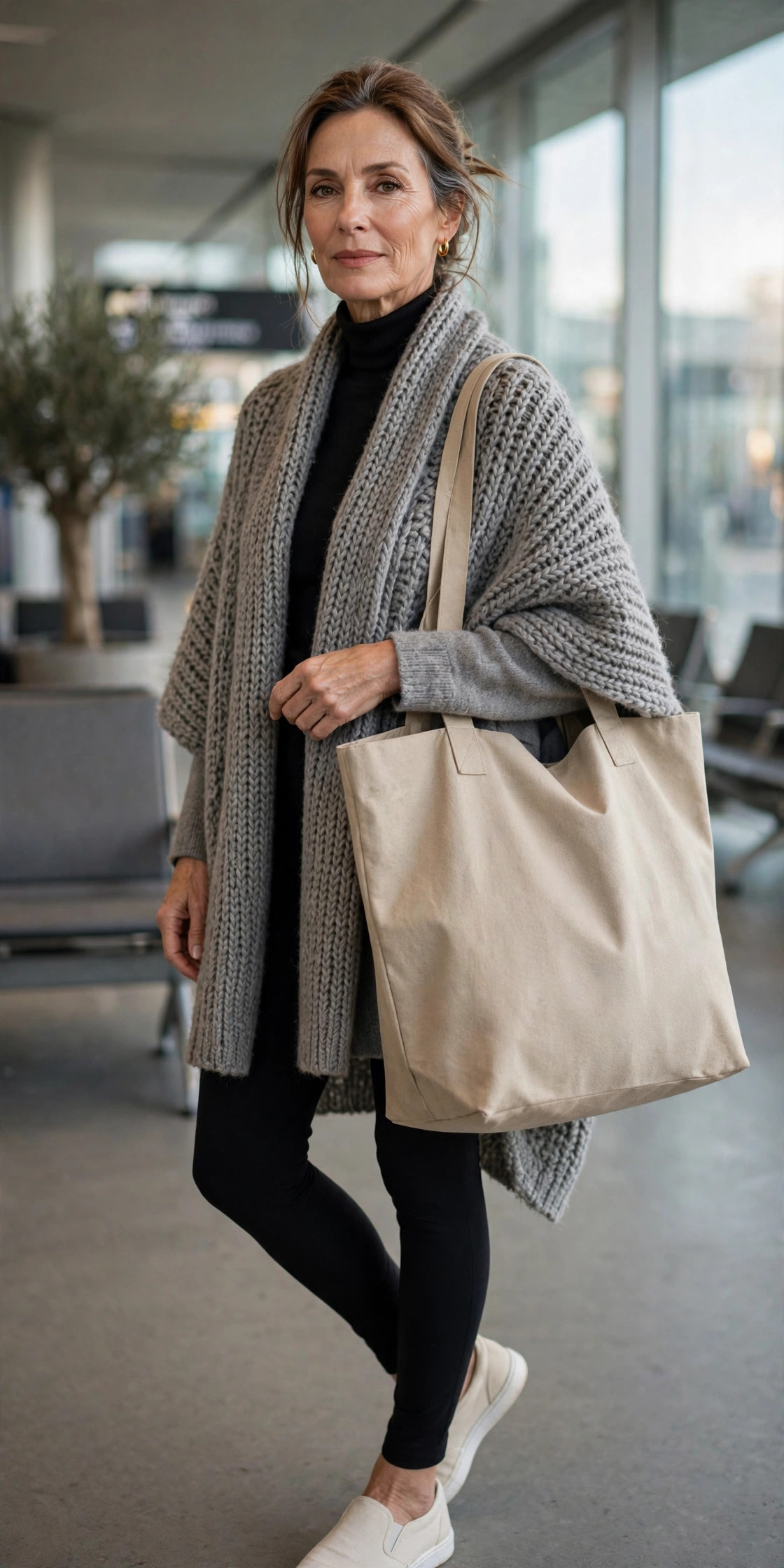 Gray knit travel cape over black leggings and slip-on sneakers with a tote