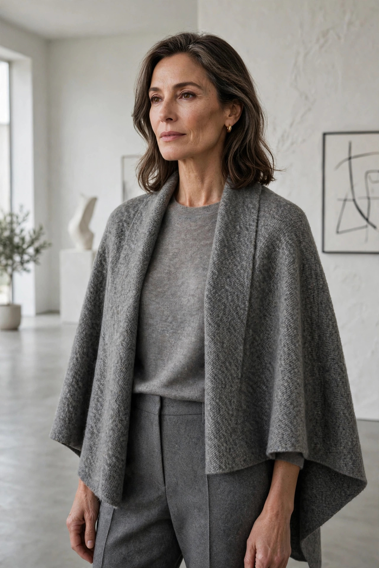 Heather gray cape over a gray cashmere sweater and gray wool trousers
