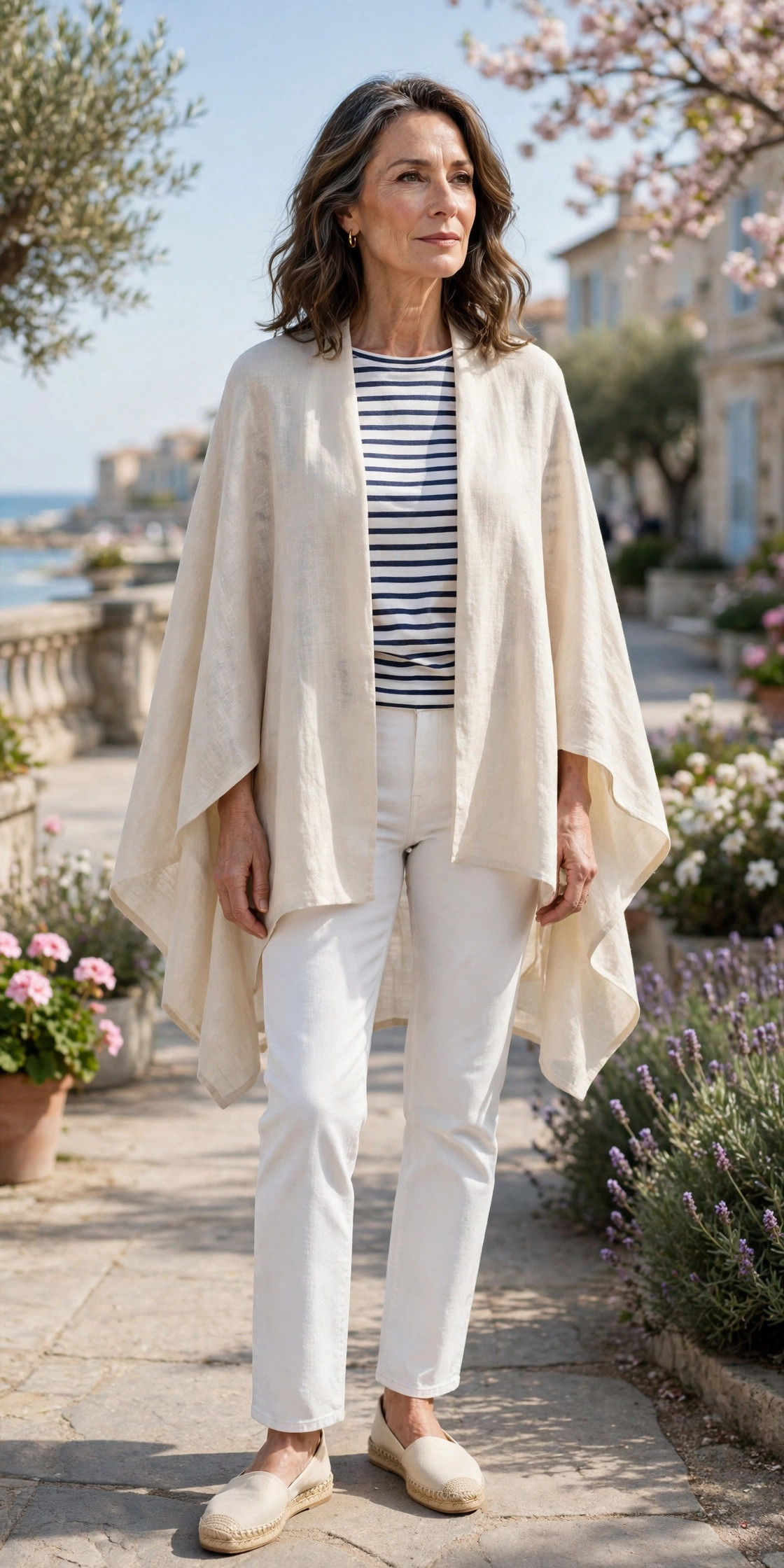 Cream linen cape over white jeans and a striped Breton top with espadrilles