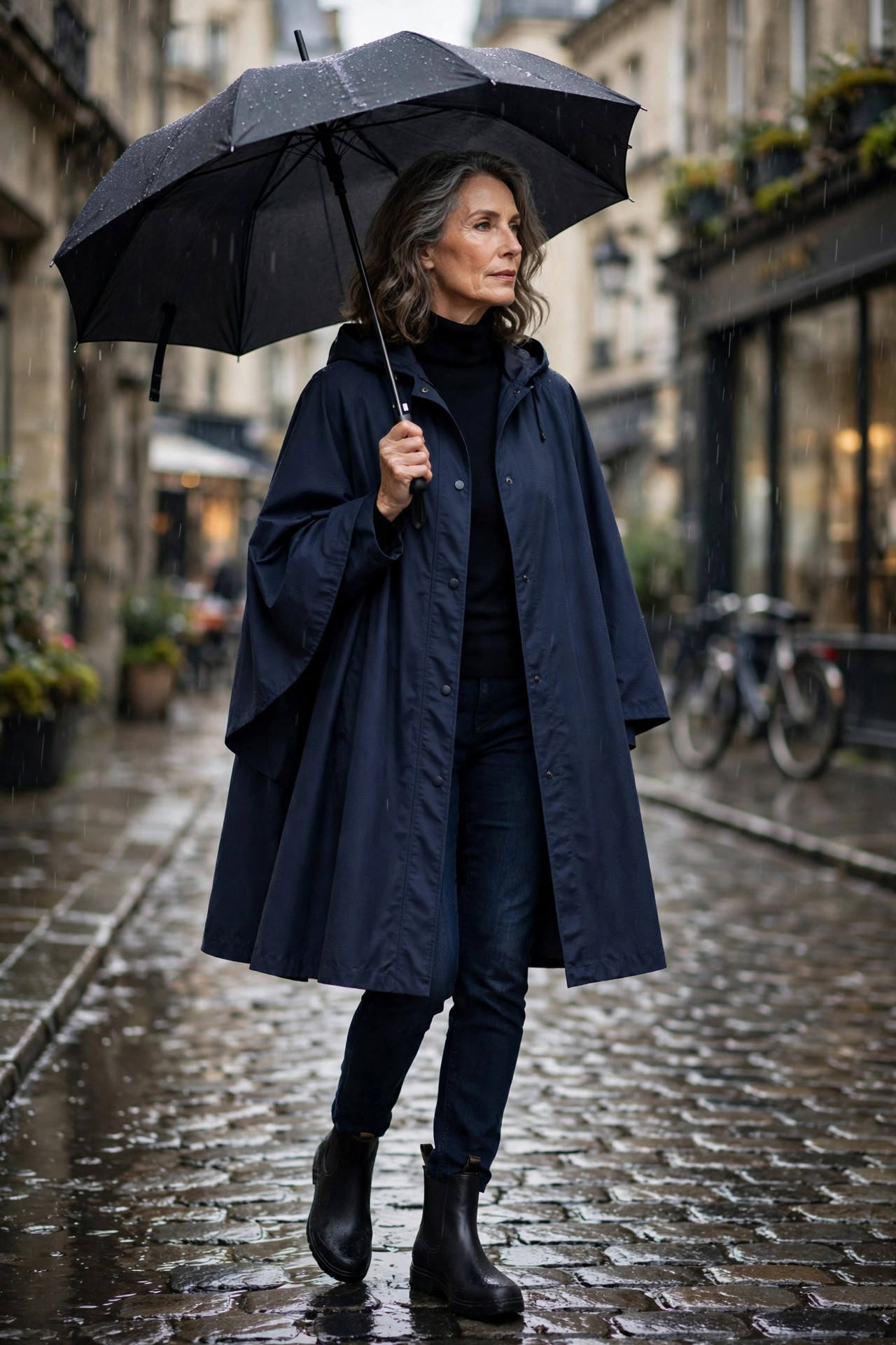 Navy water-resistant cape over dark jeans and waterproof Chelsea boots in rain