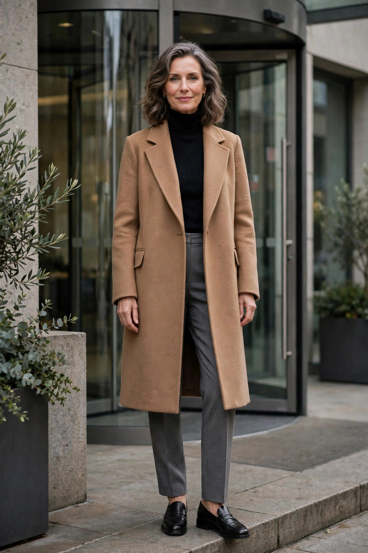 Woman over 50 in camel car coat, black turtleneck and grey trousers at an office building
