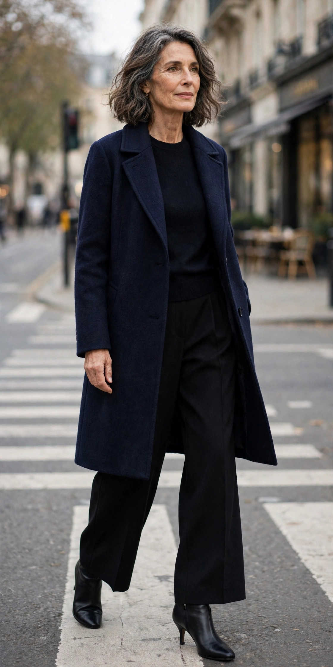 Woman over 50 in navy car coat over black sweater and wide-leg trousers at a city crosswalk