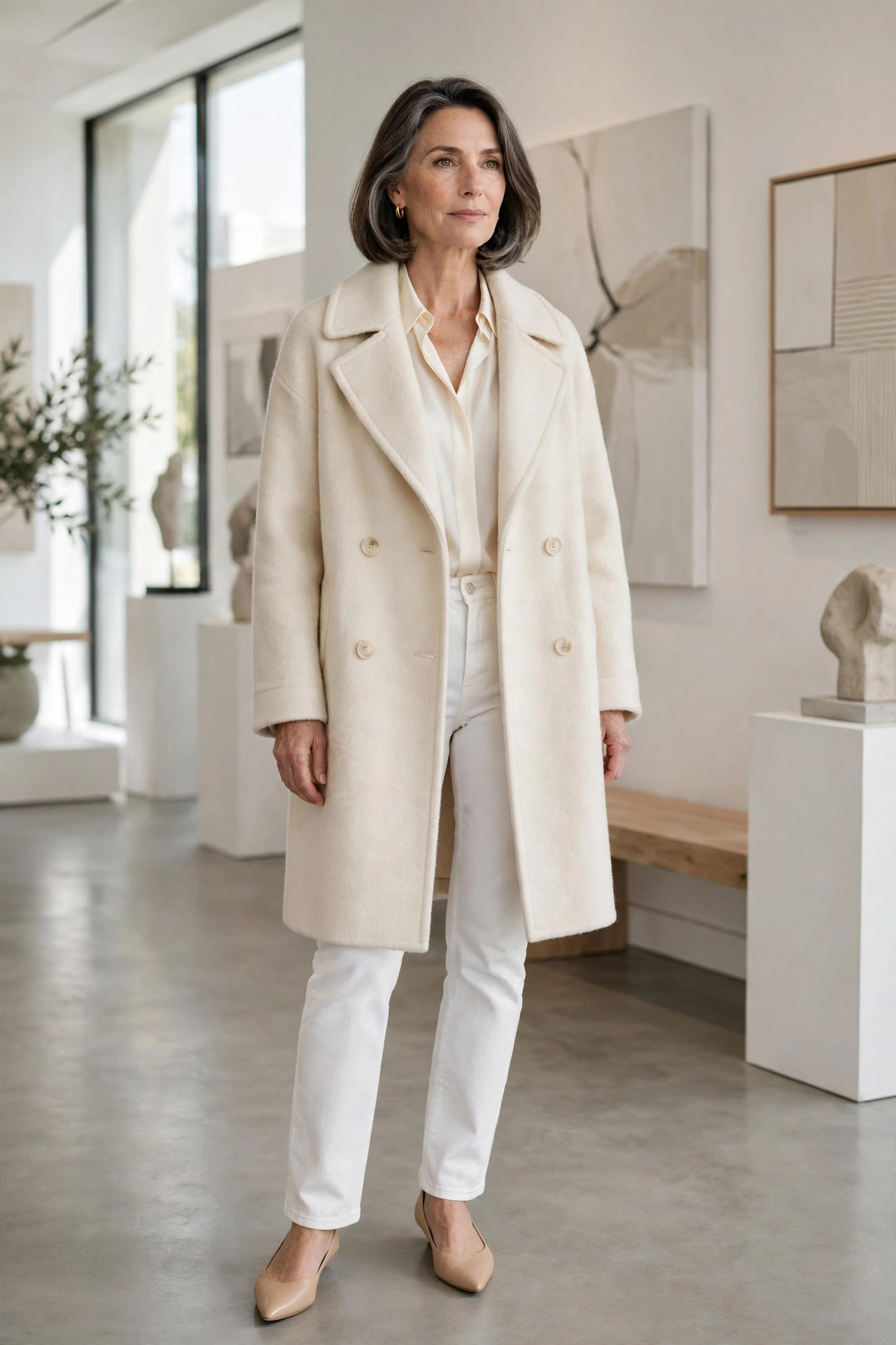 Woman over 50 in cream car coat, ivory silk blouse and white jeans at an art gallery