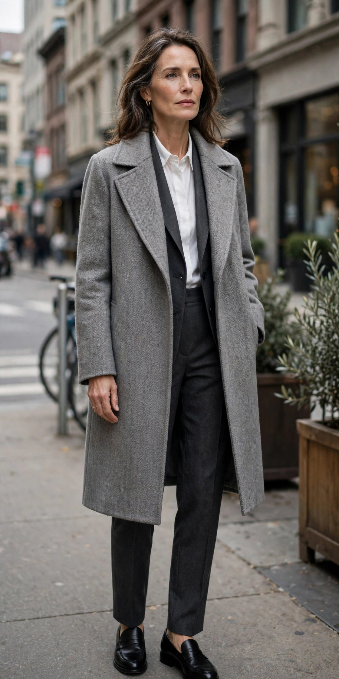 Woman over 50 in grey car coat, charcoal blazer and white shirt with grey trousers downtown