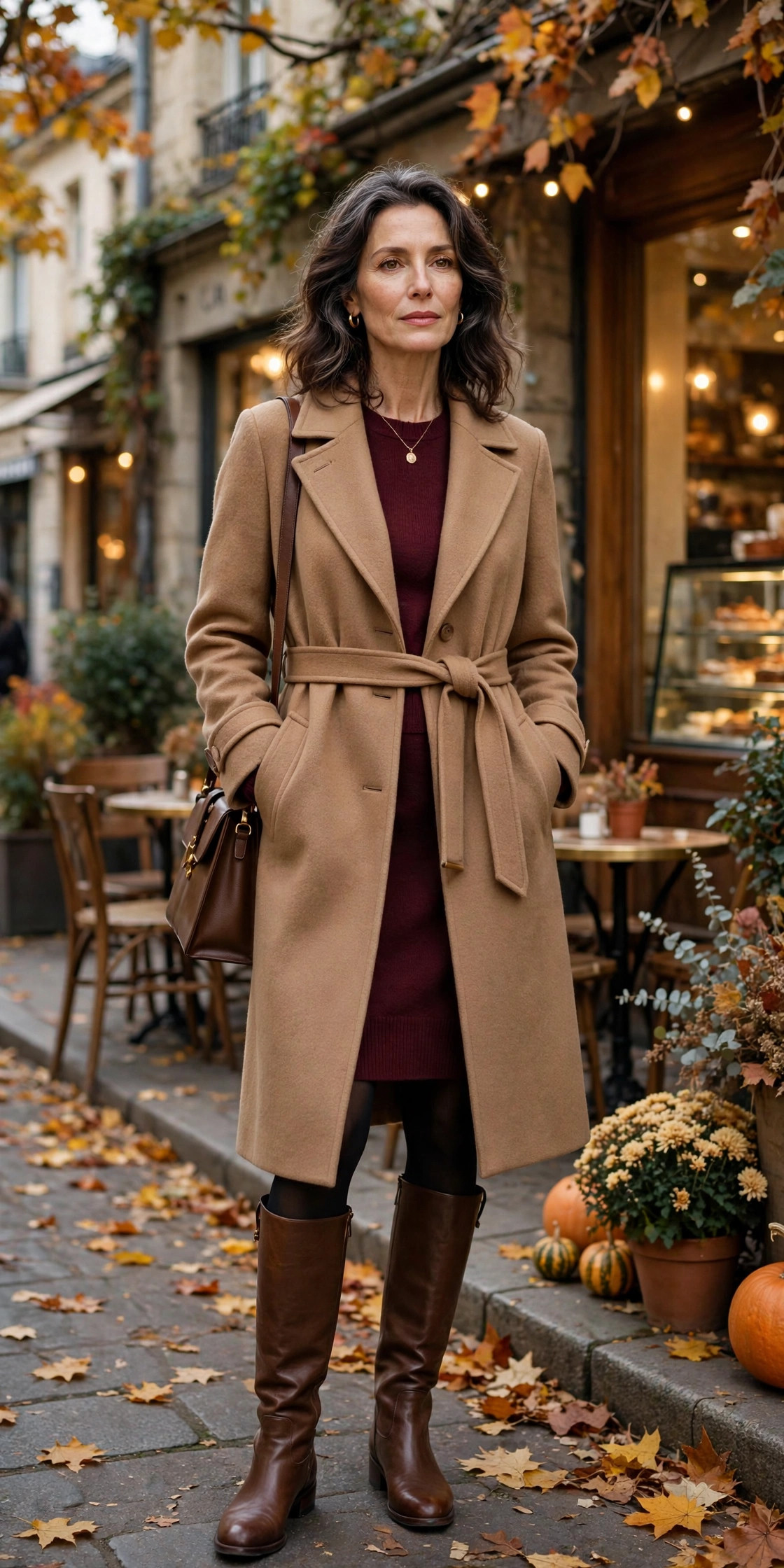 Woman over 50 in camel car coat over burgundy sweater dress with knee-high boots