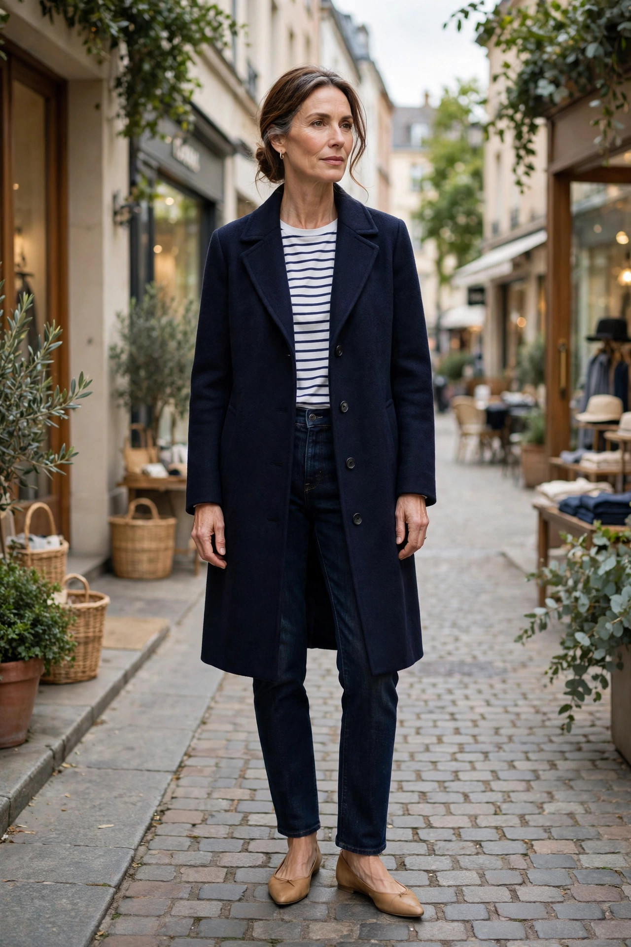 Woman over 50 in navy car coat, striped tee and dark jeans with pointed flats on a shopping street