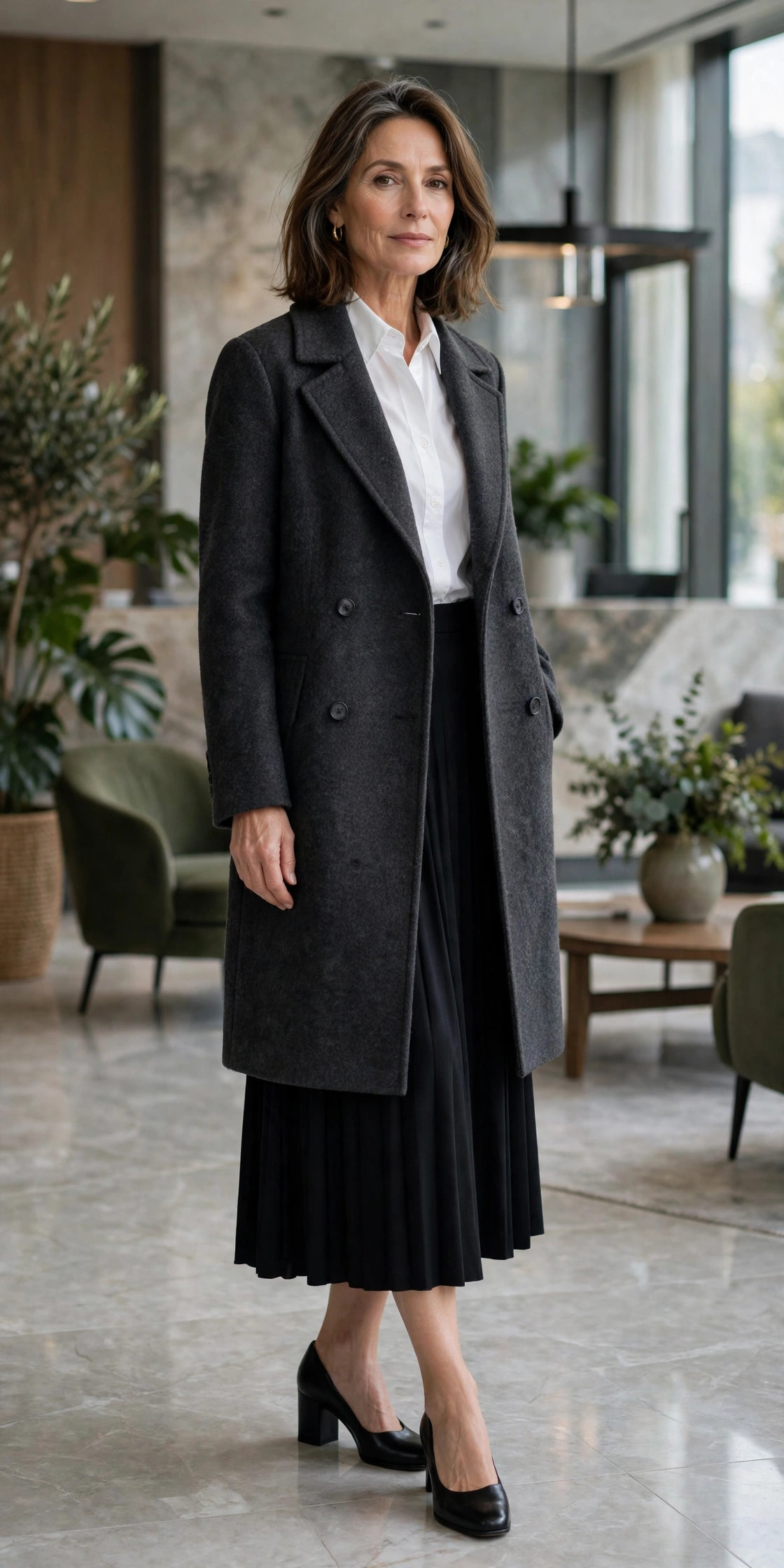 Woman over 50 in charcoal car coat, white shirt and black midi skirt in an office lobby