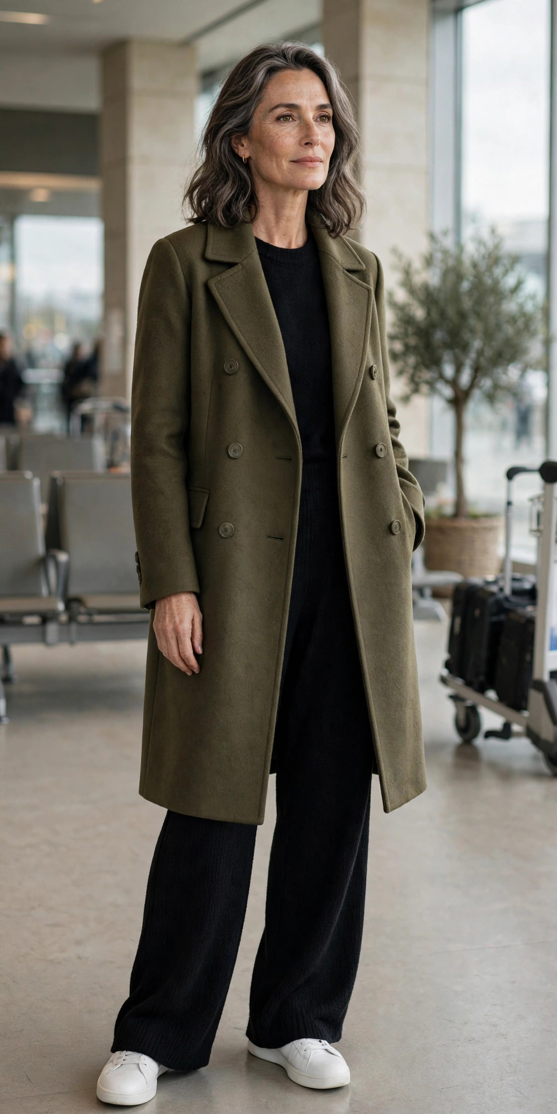 Woman over 50 in olive car coat over black knit set with white sneakers at an airport