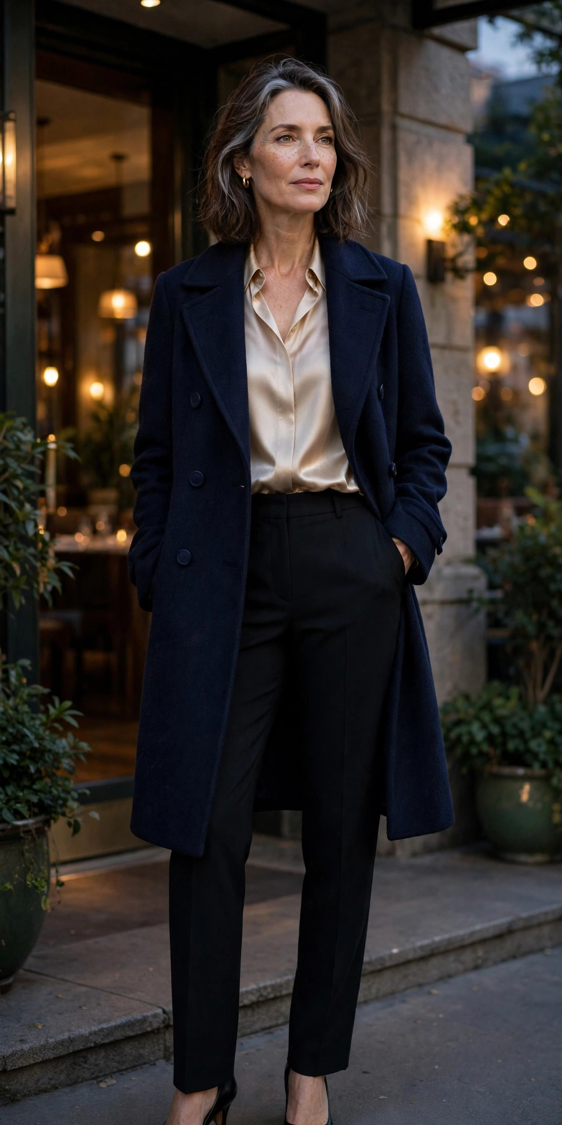 Woman over 50 in navy car coat and champagne satin blouse with black trousers at a restaurant