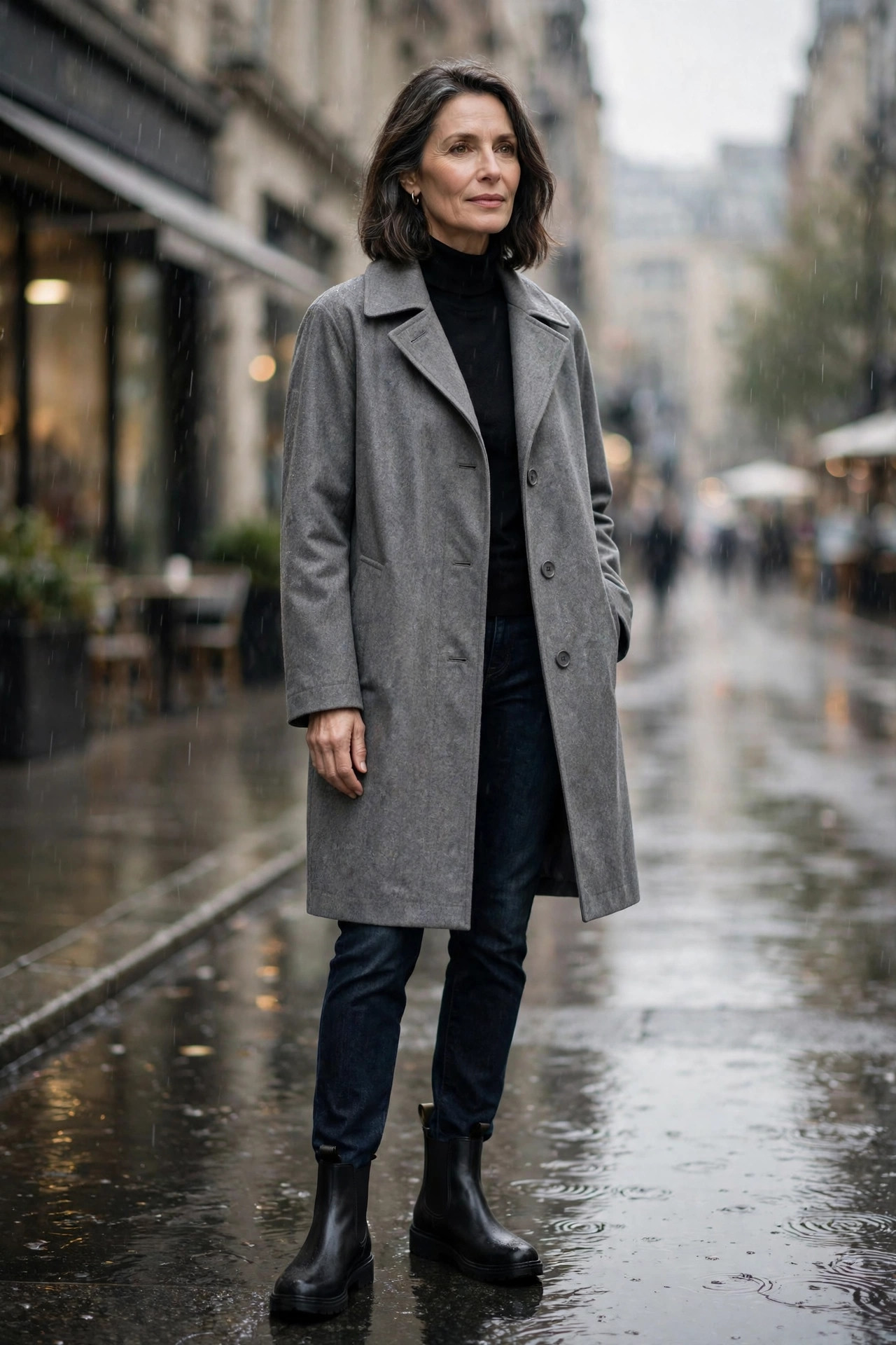 Woman over 50 in grey car coat, black turtleneck and dark jeans with chelsea boots on a rainy avenue
