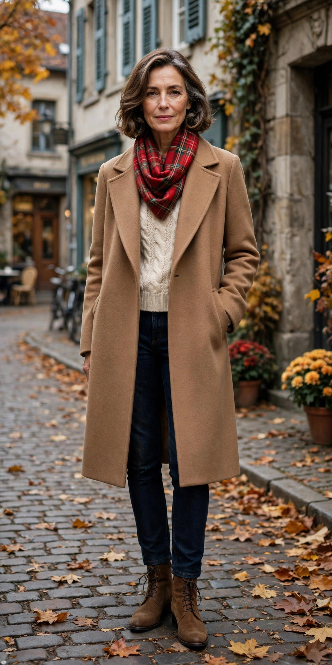 Woman over 50 in camel car coat, cream cable-knit and red tartan scarf with dark jeans