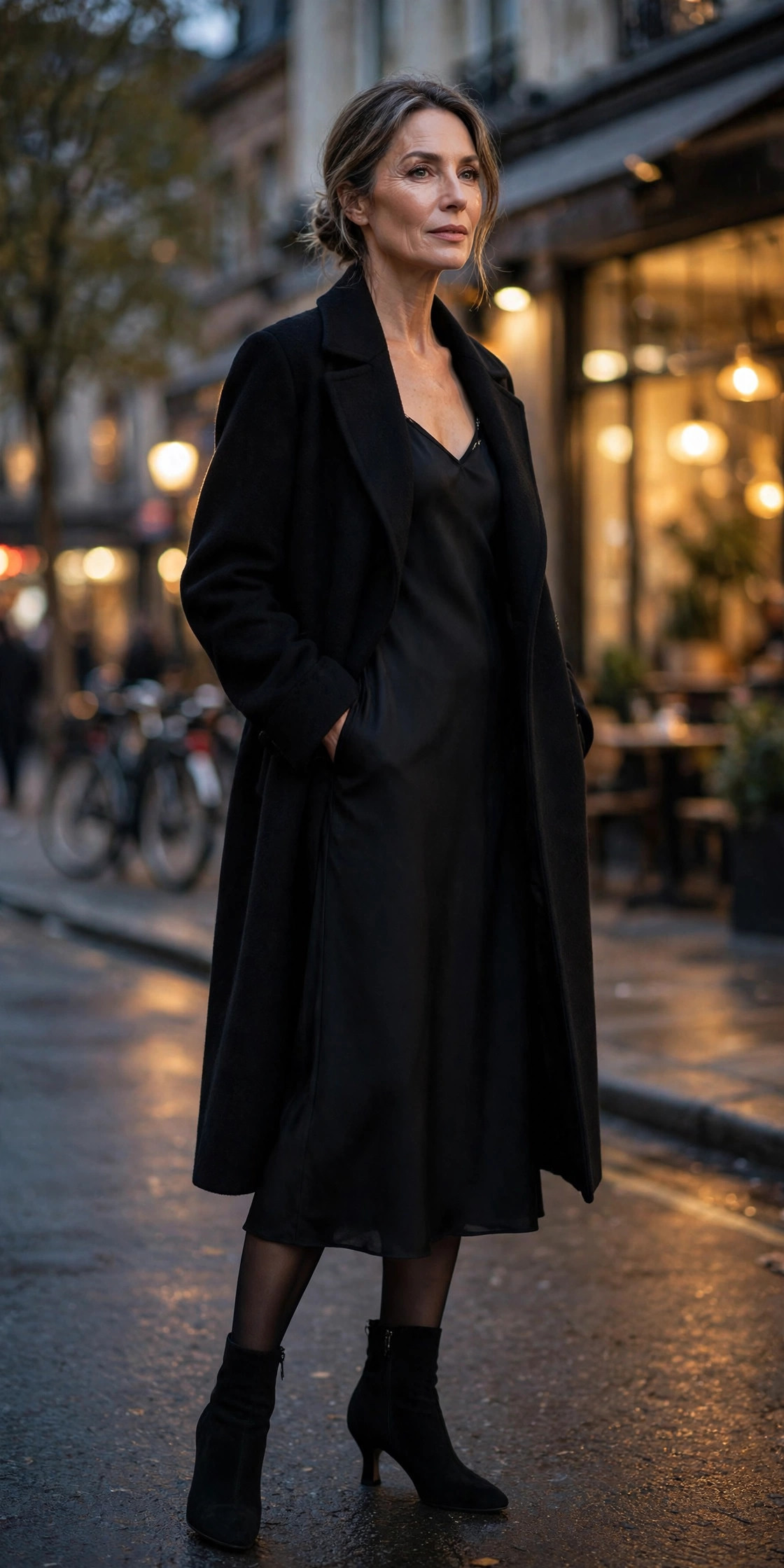 Woman over 50 in black car coat over black slip midi dress with heeled boots on an evening street