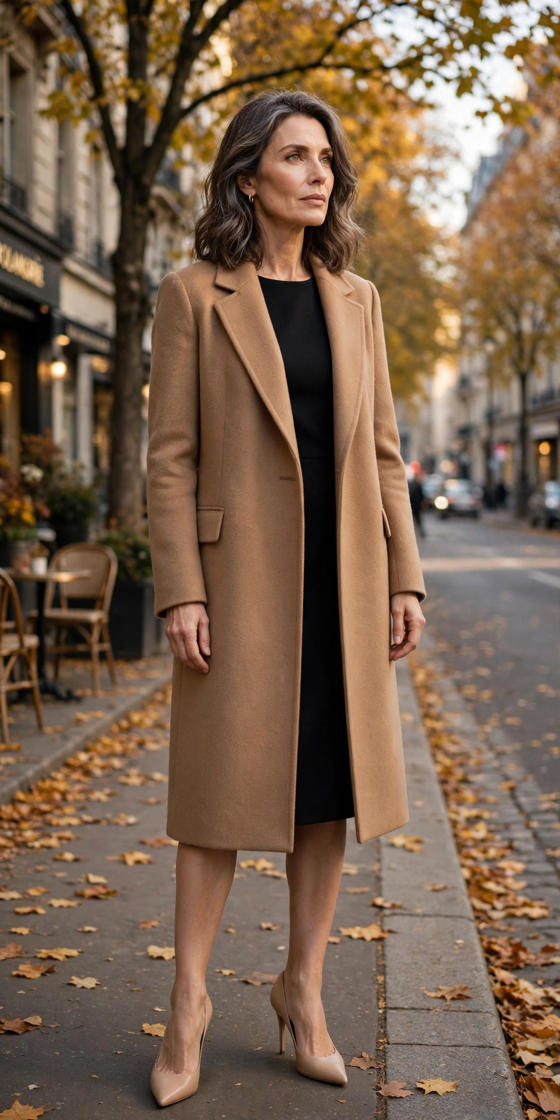 Woman over 50 in camel wool coat over black sheath dress with nude heels