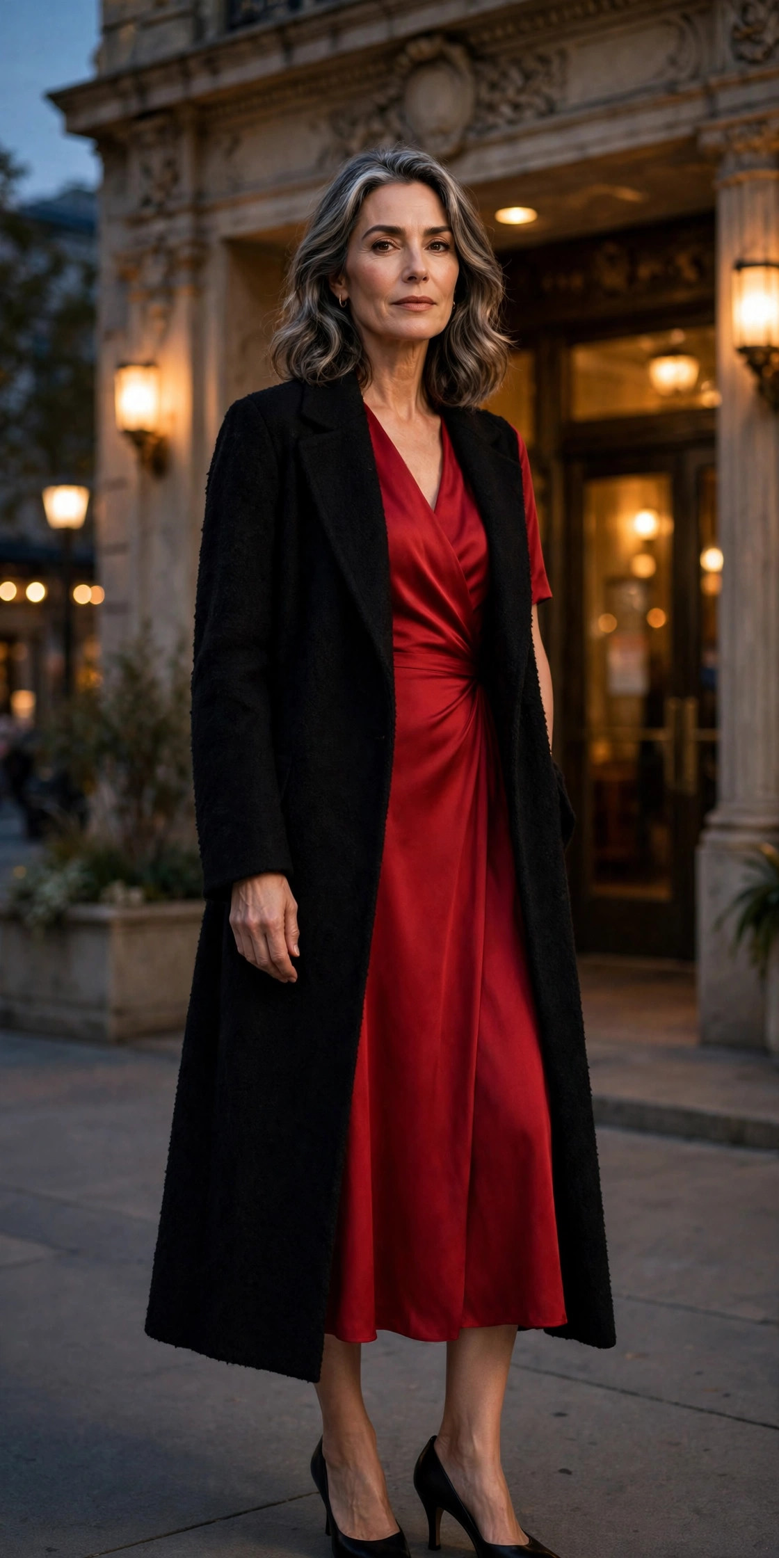 Woman over 50 in long black coat over red midi dress with black heels at a theater