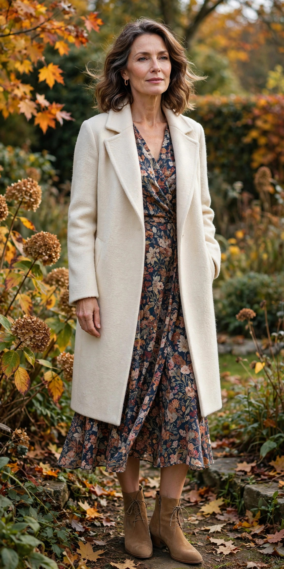 Woman over 50 in cream coat over floral midi dress with tan boots in a garden