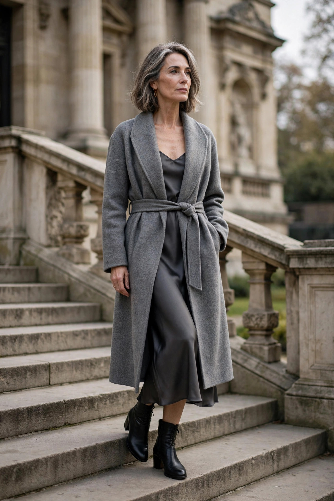 Woman over 50 in grey wrap coat over charcoal slip dress with black ankle boots