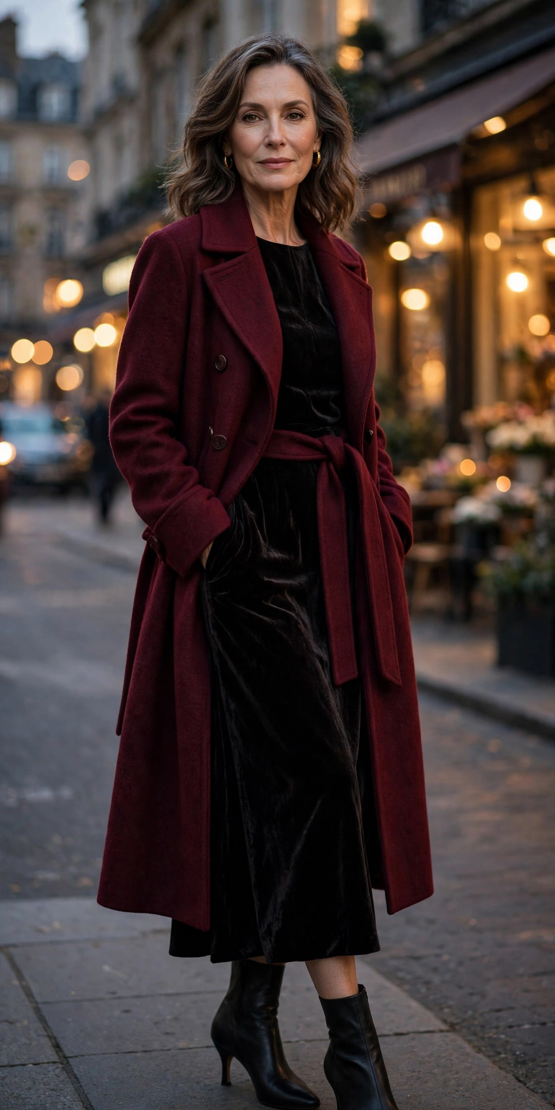 Woman over 50 in burgundy coat over black velvet midi dress with heeled boots