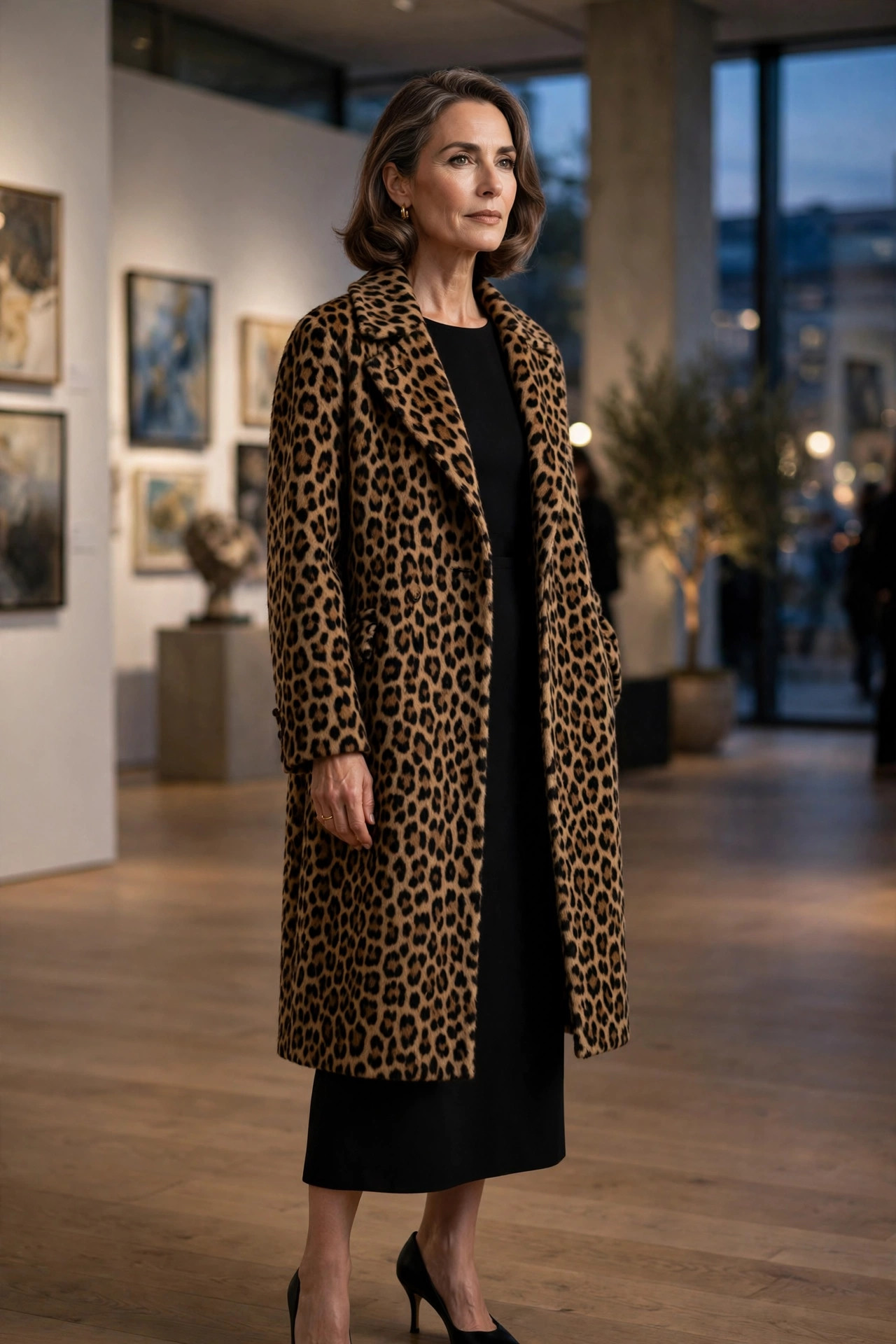 Woman over 50 in leopard-print coat over black column dress with black heels