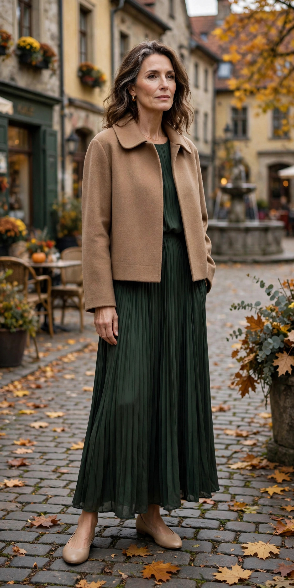 Woman over 50 in cropped swing coat over pleated maxi dress with nude flats