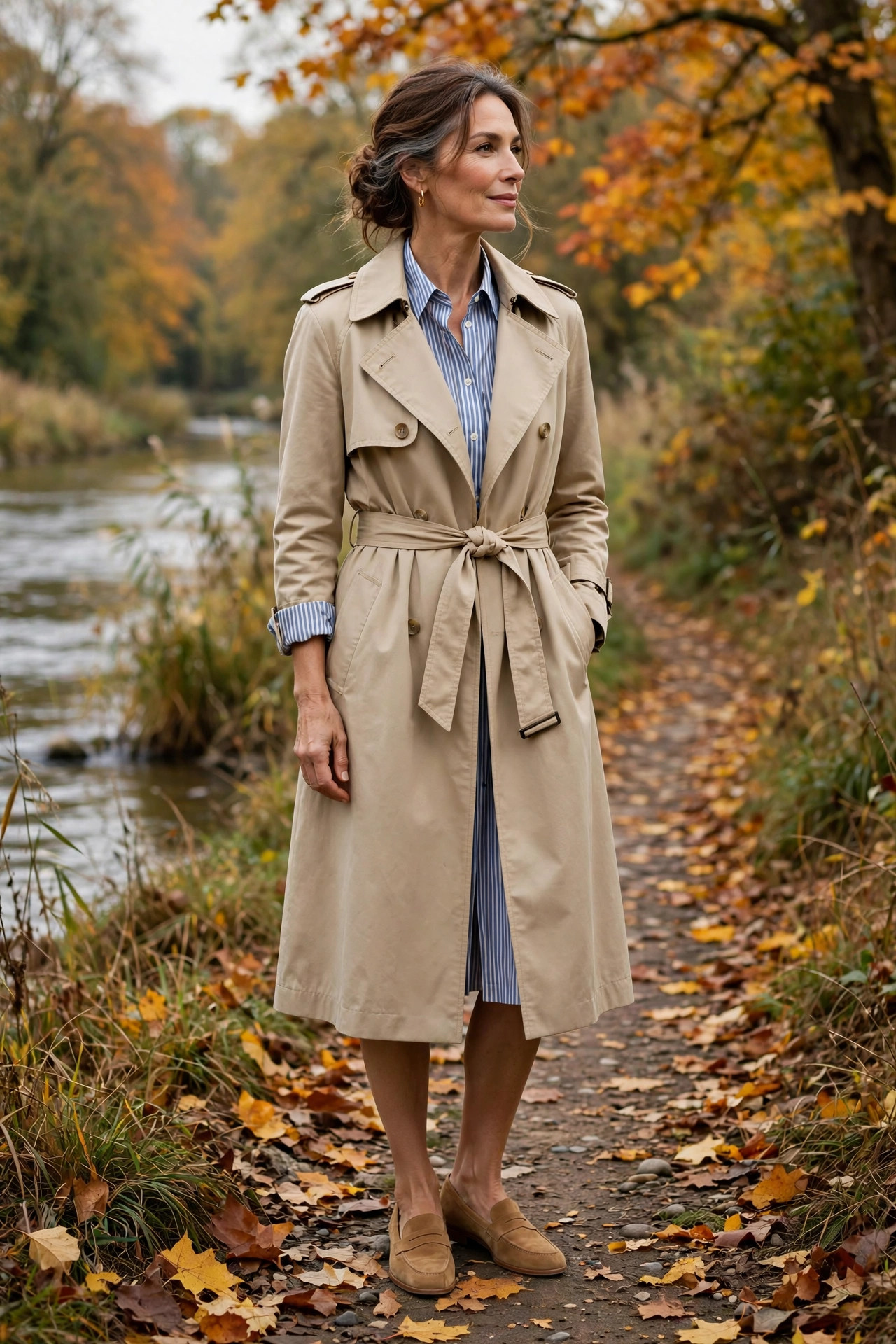 Woman over 50 in belted trench coat over striped shirt dress with tan loafers