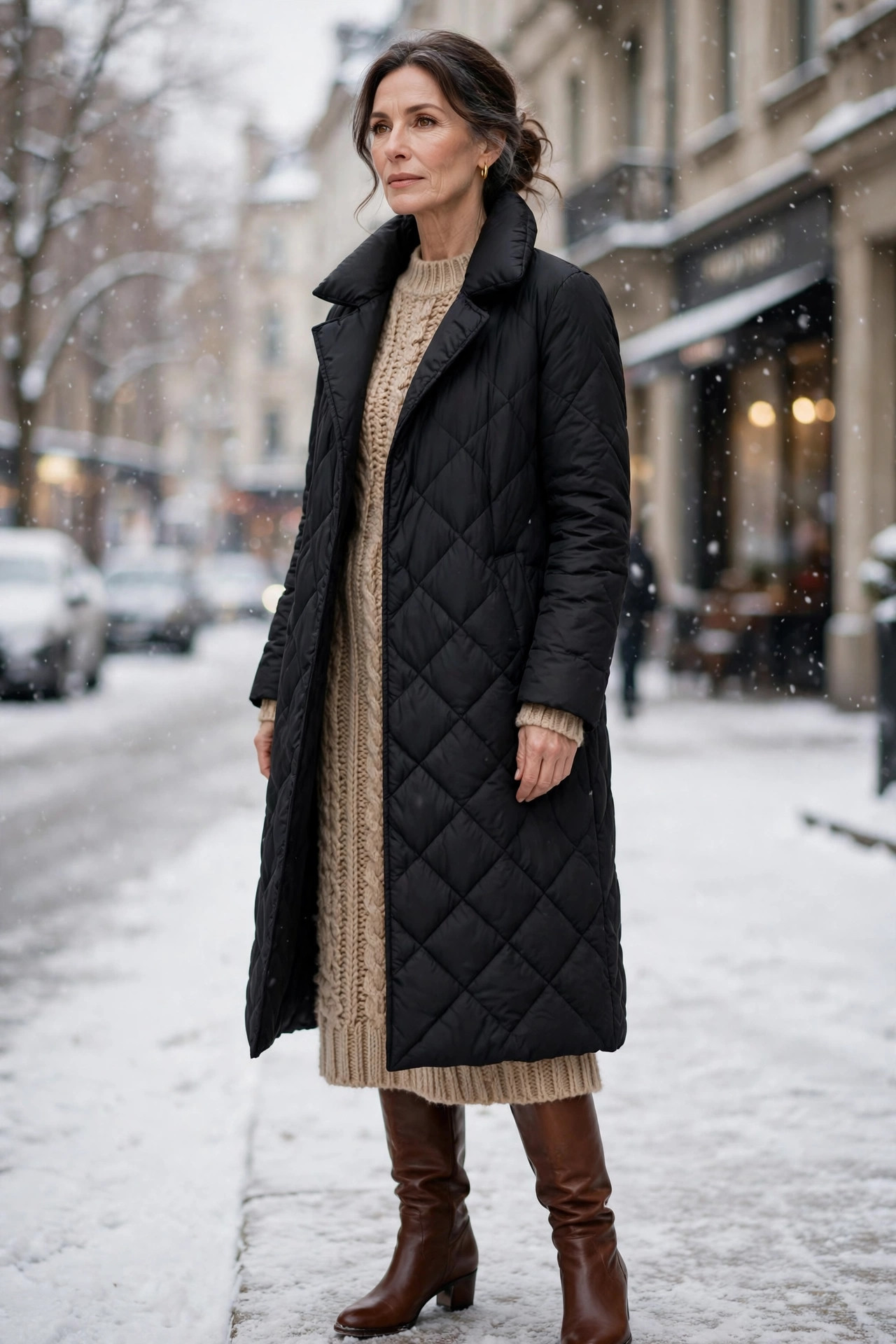 Woman over 50 in long puffer coat over knit midi dress with tall boots in snow