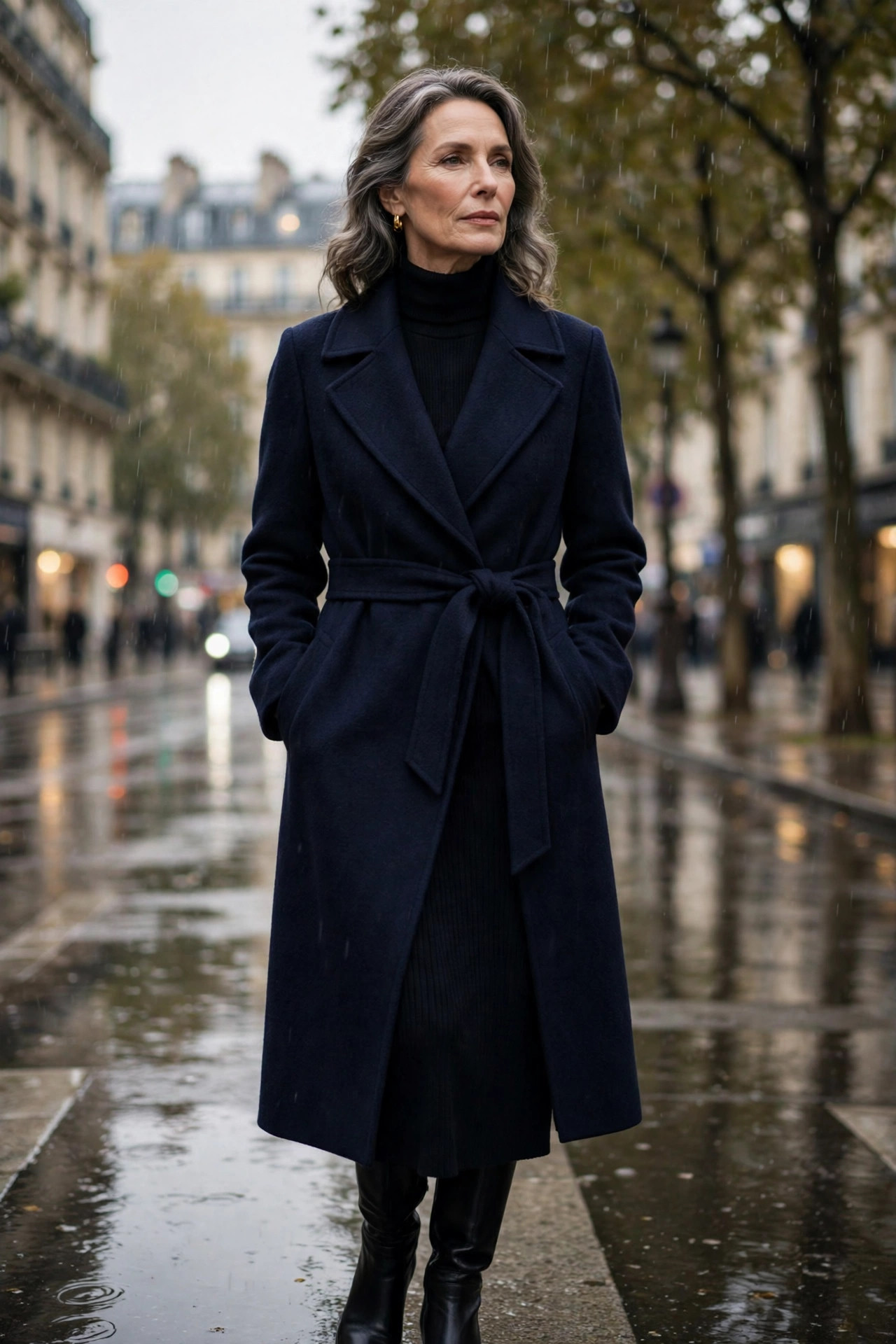 Woman over 50 in navy wrap coat over black turtleneck midi dress with knee-high boots