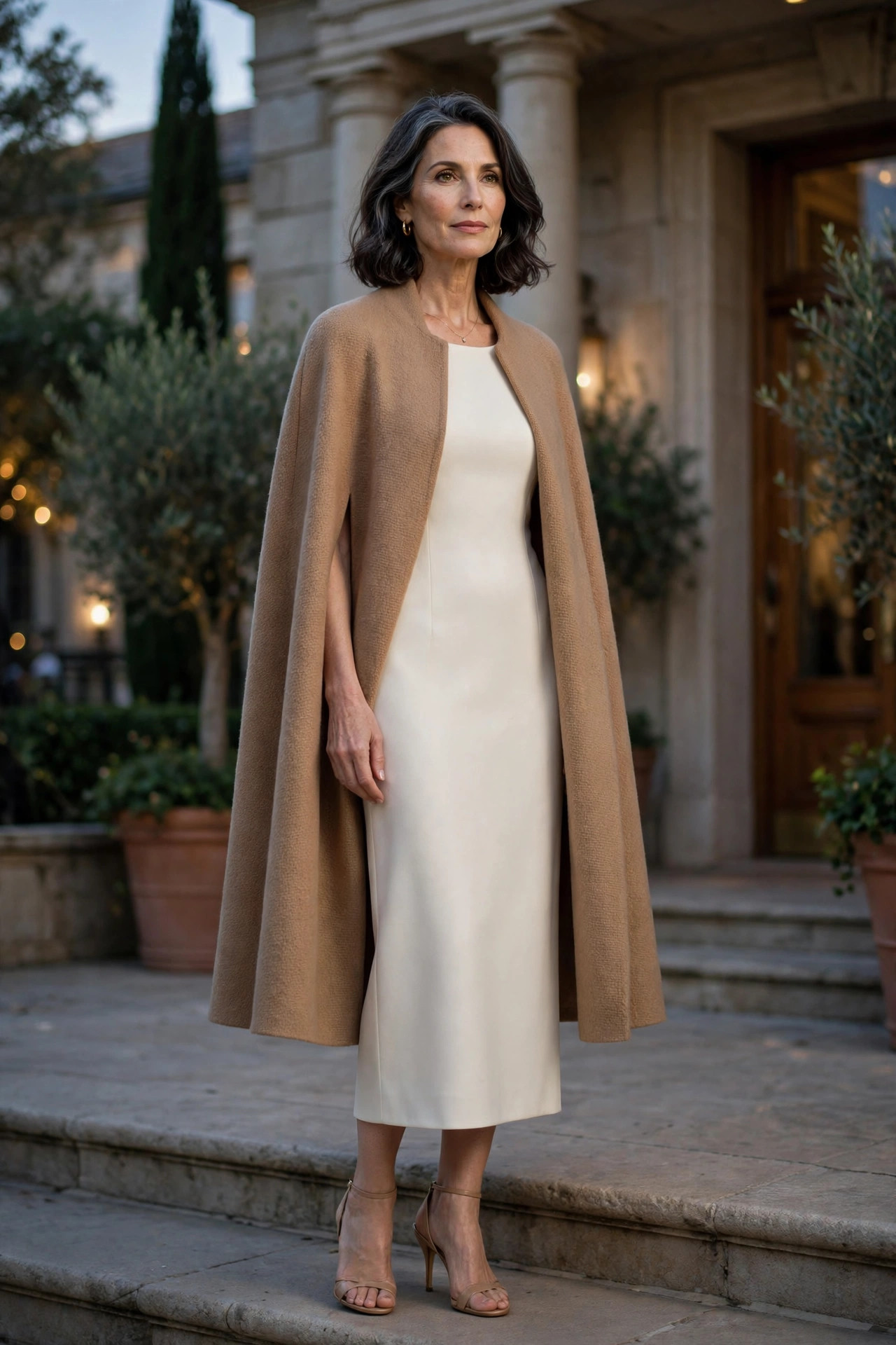 Woman over 50 in camel cape over ivory column dress with nude heels at a formal venue
