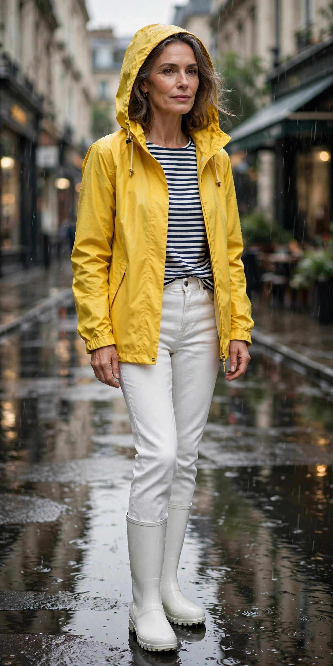 Woman over 50 in yellow hooded rain jacket, striped top and white jeans with rain boots