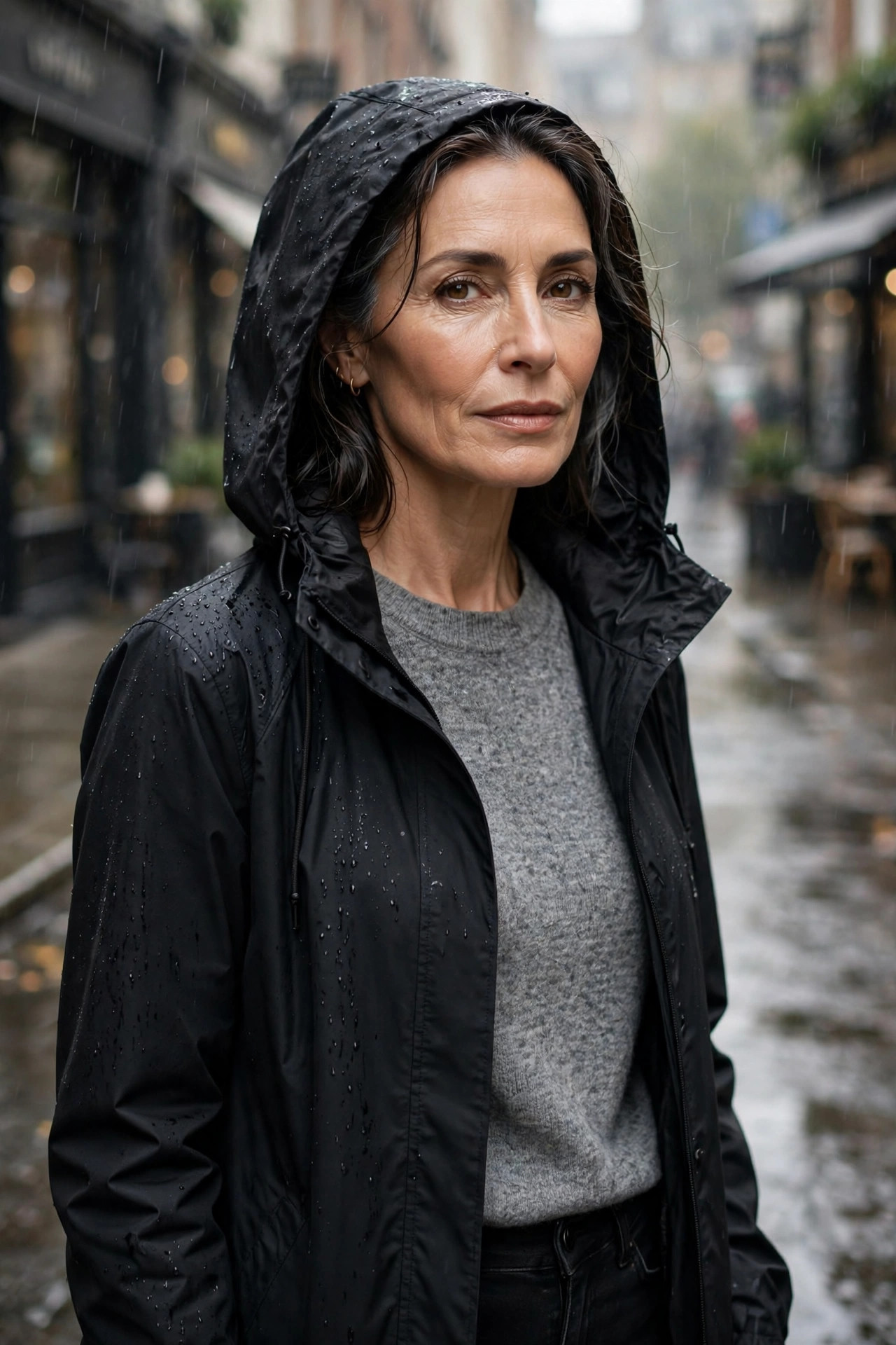 Woman over 50 in black rain jacket, grey sweater and black jeans with chelsea boots in the city