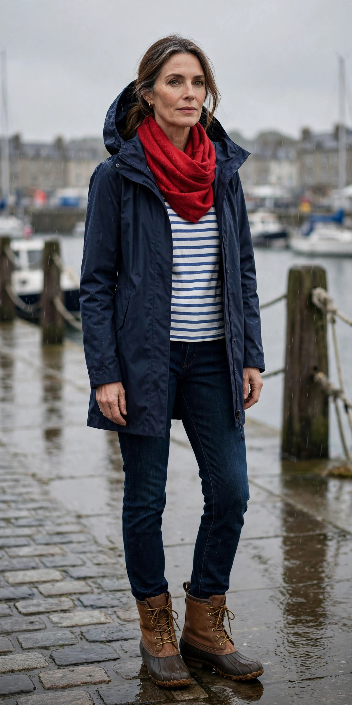 Woman over 50 in navy rain jacket, Breton top and red scarf with duck boots at a harbor
