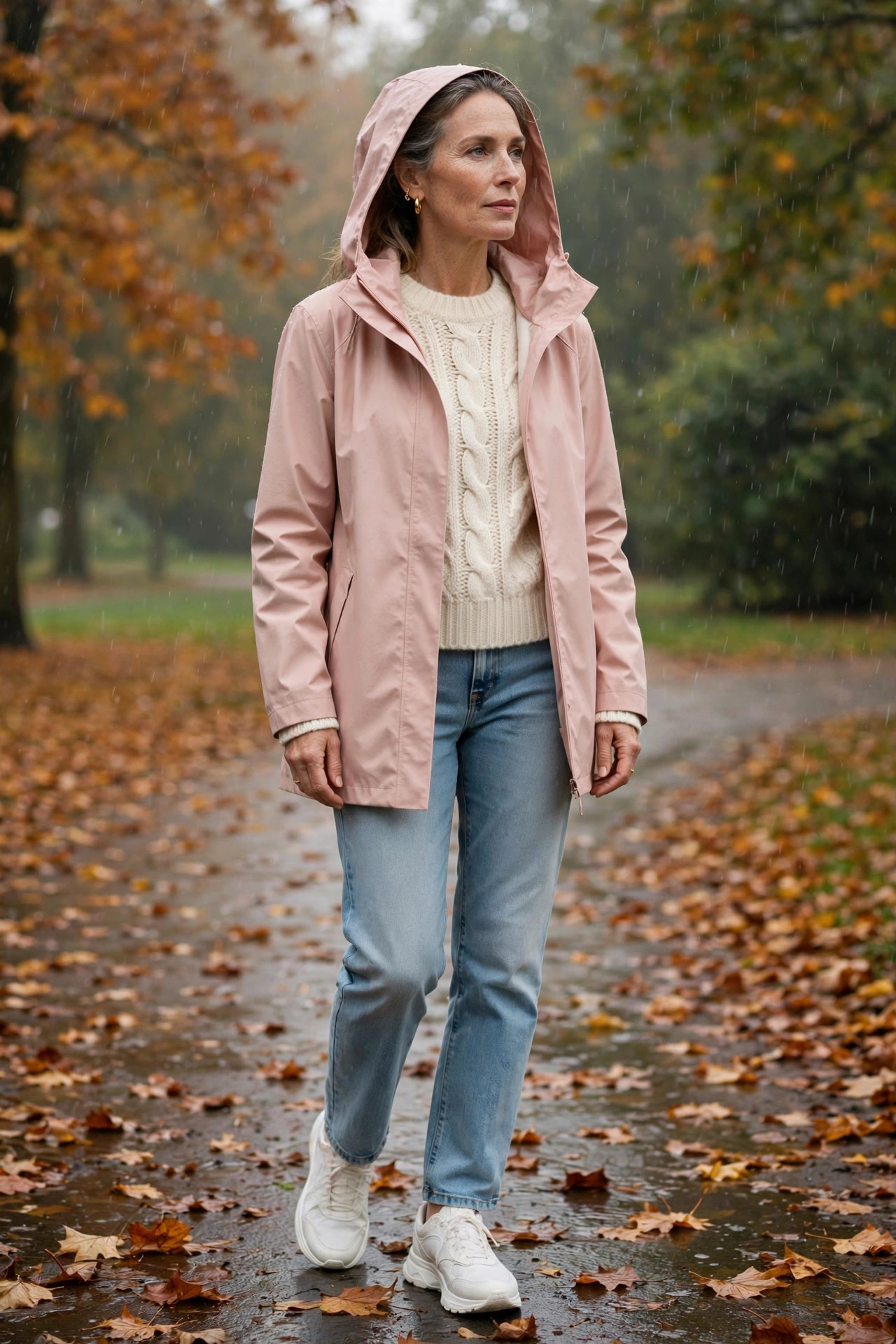 Woman over 50 in blush pink rain jacket and cream knit with light jeans in a drizzly park