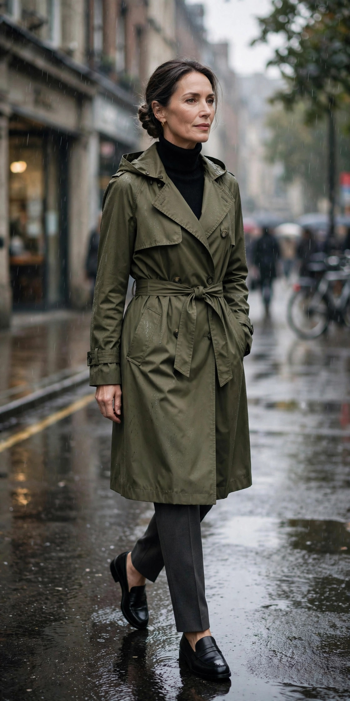 Woman over 50 in belted olive rain trench, black turtleneck and charcoal trousers commuting