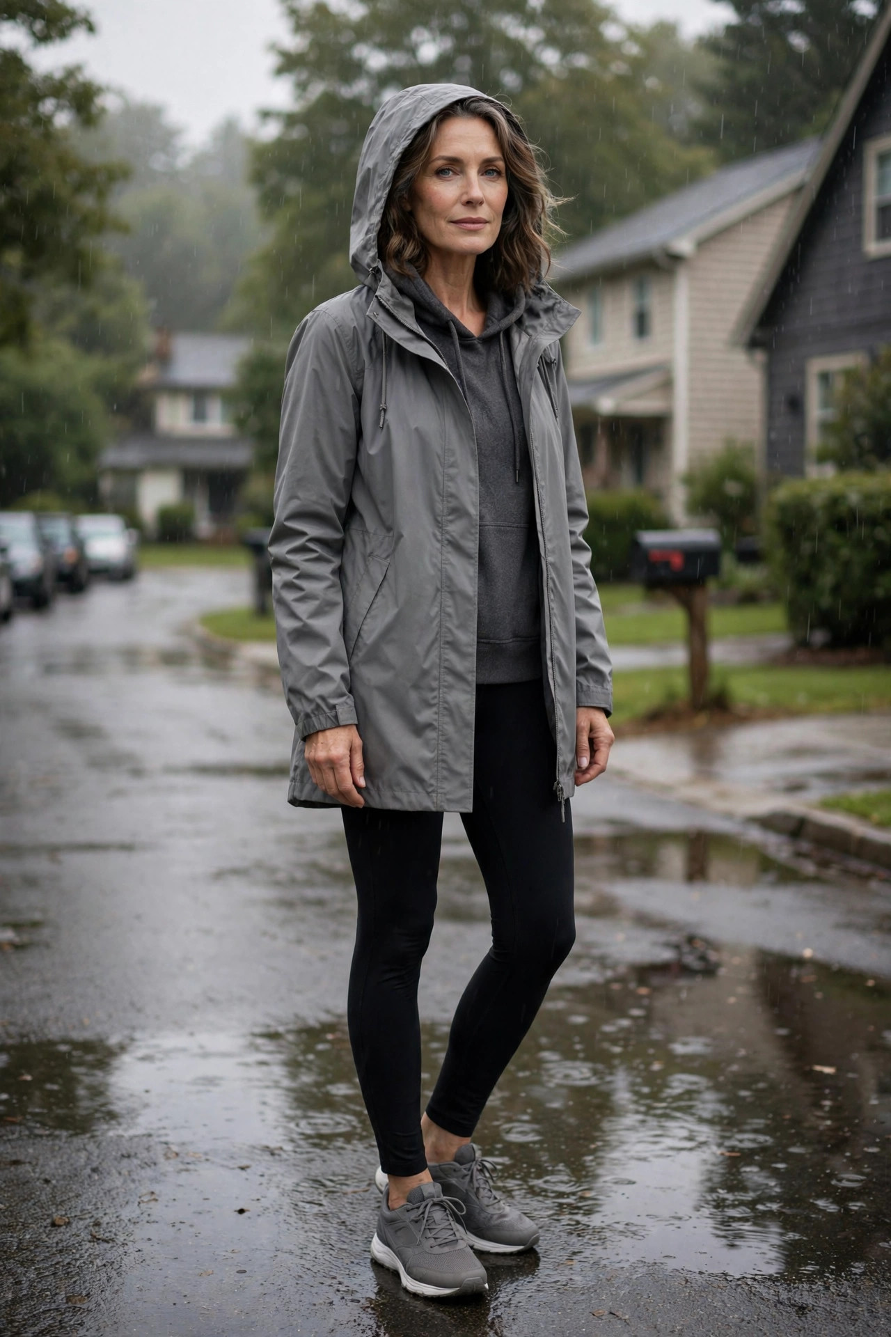 Woman over 50 in grey rain jacket and charcoal hoodie with black leggings running errands