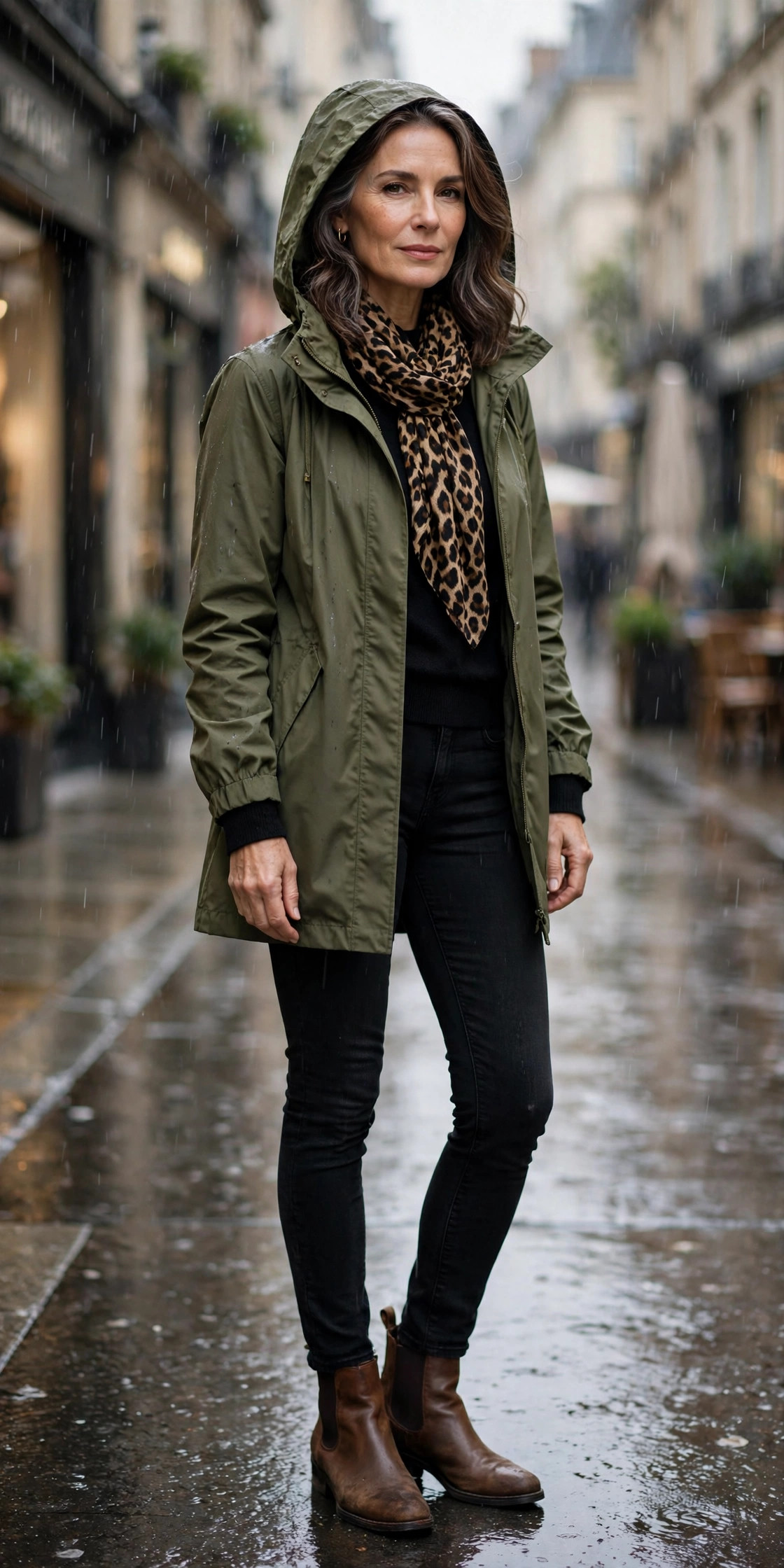Woman over 50 in olive rain jacket with leopard-print scarf, black jeans and ankle boots