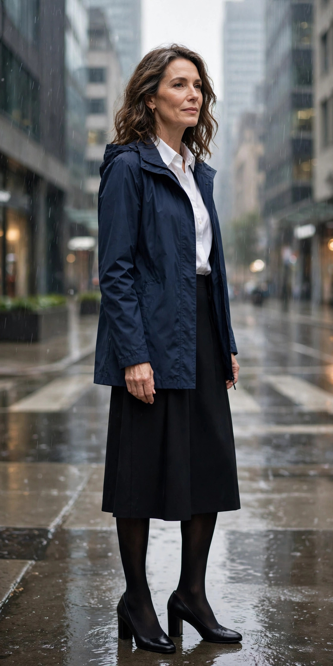 Woman over 50 in navy rain jacket, white shirt and black midi skirt in a business district