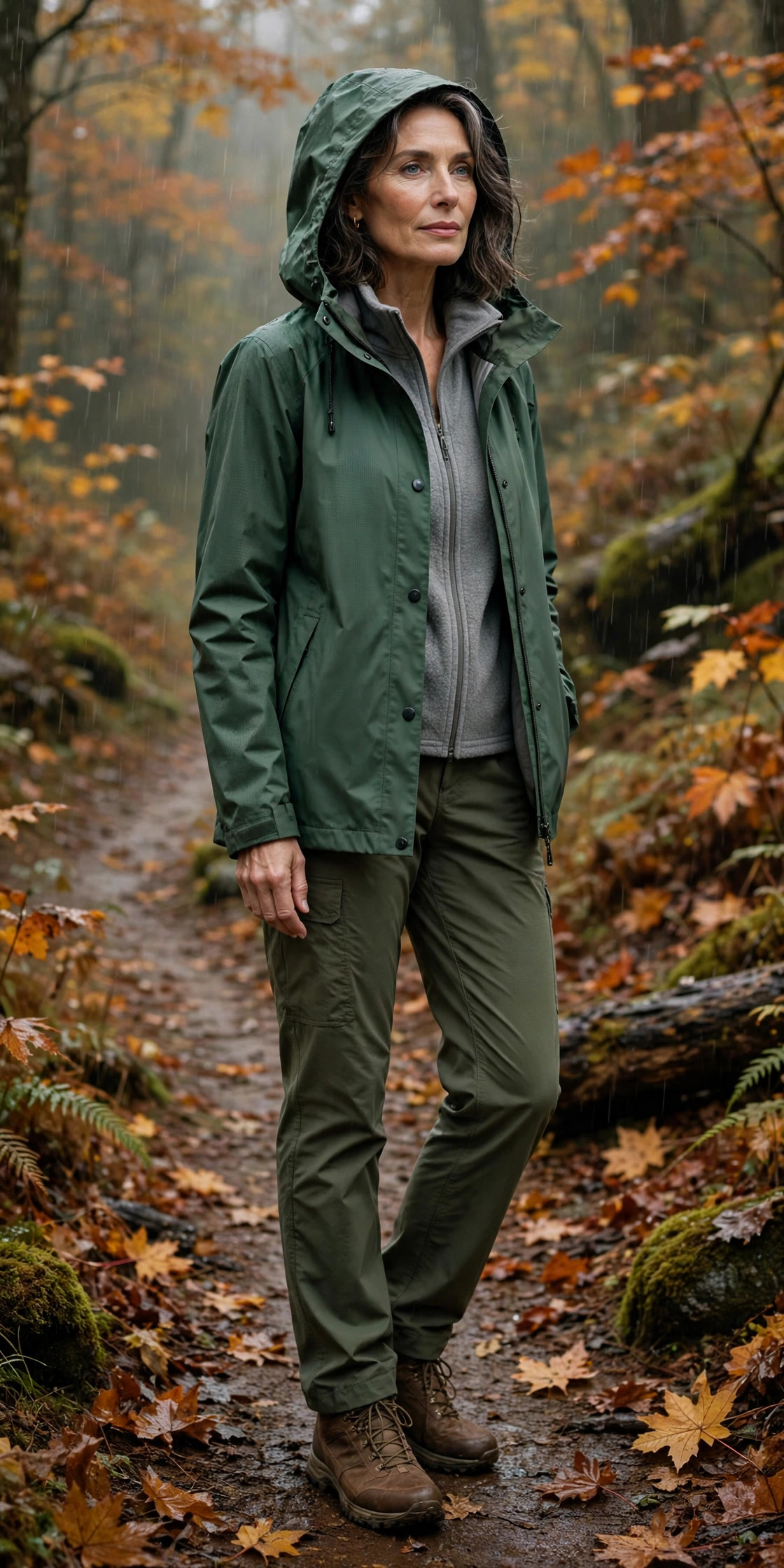 Woman over 50 in forest-green rain jacket and fleece with hiking pants on a rainy forest trail
