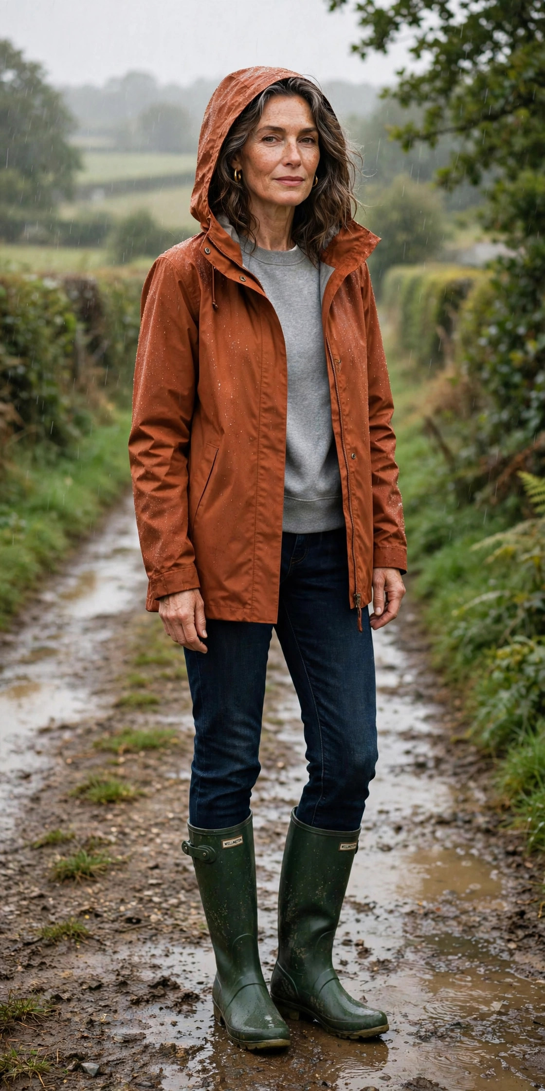 Woman over 50 in rust rain jacket and grey sweatshirt with wellies on a country path