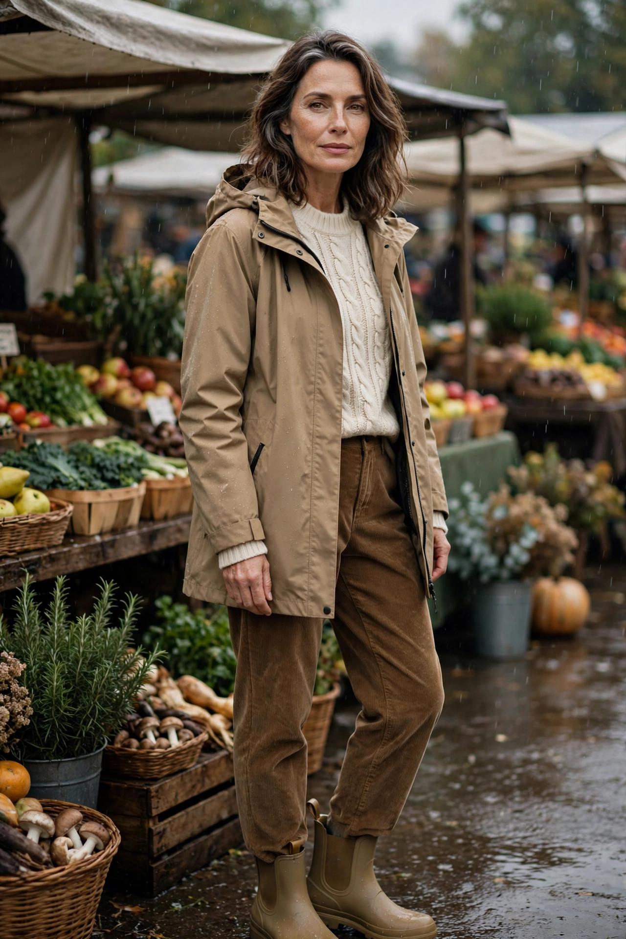 Woman over 50 in tan rain jacket and cream fisherman sweater with corduroys at a market