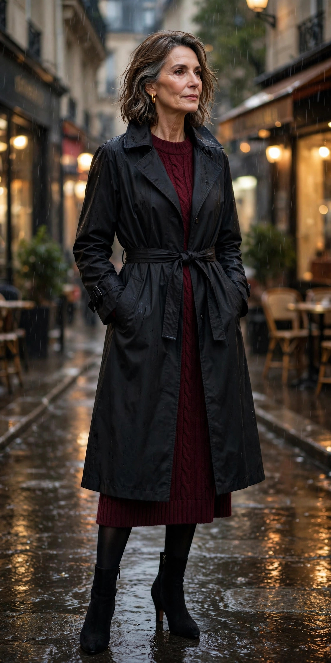 Woman over 50 in black belted raincoat over burgundy knit dress with heeled boots at night
