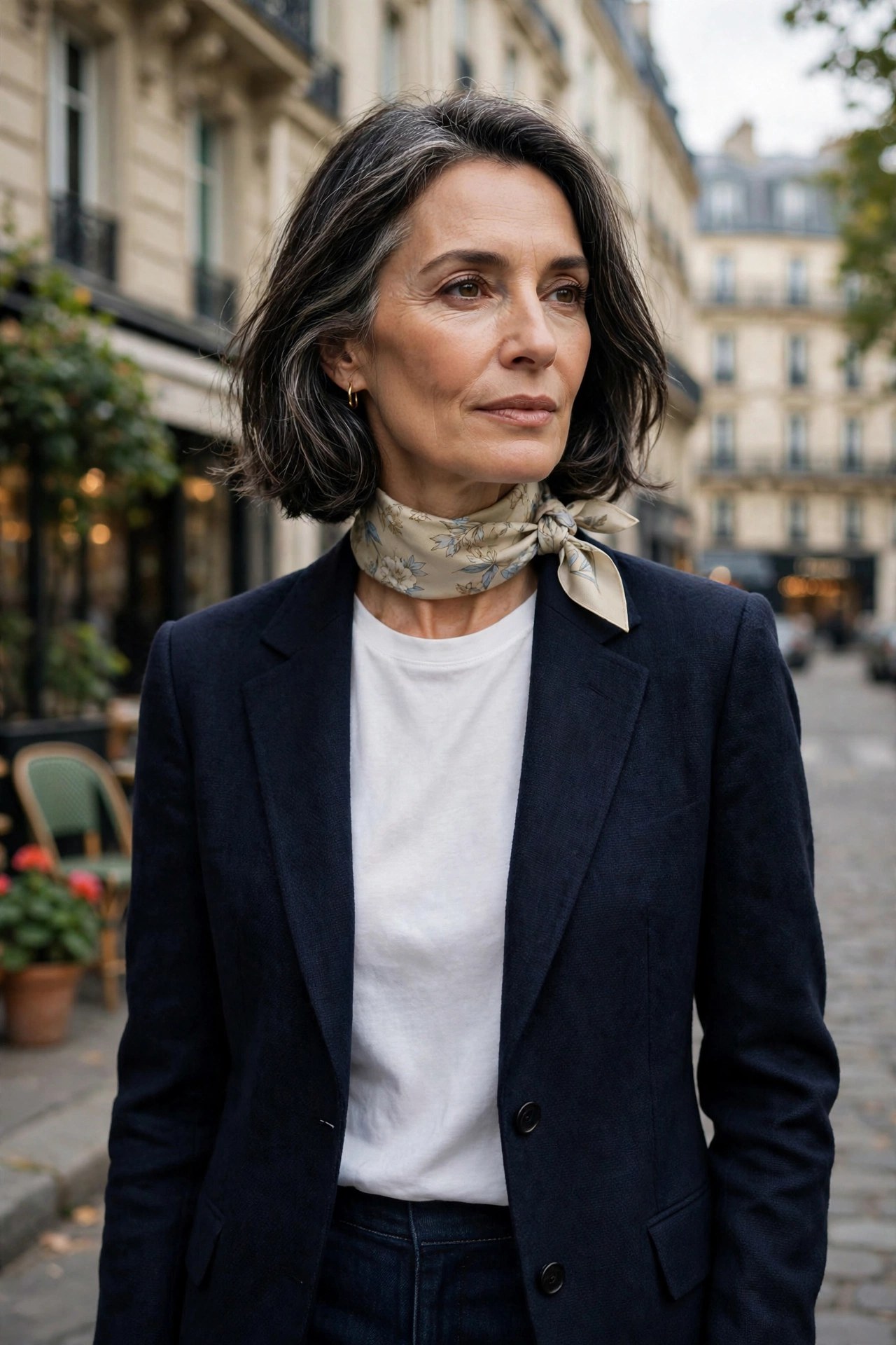 Woman over 50 wearing a navy blazer with a silk scarf tied Parisian-style at her neck
