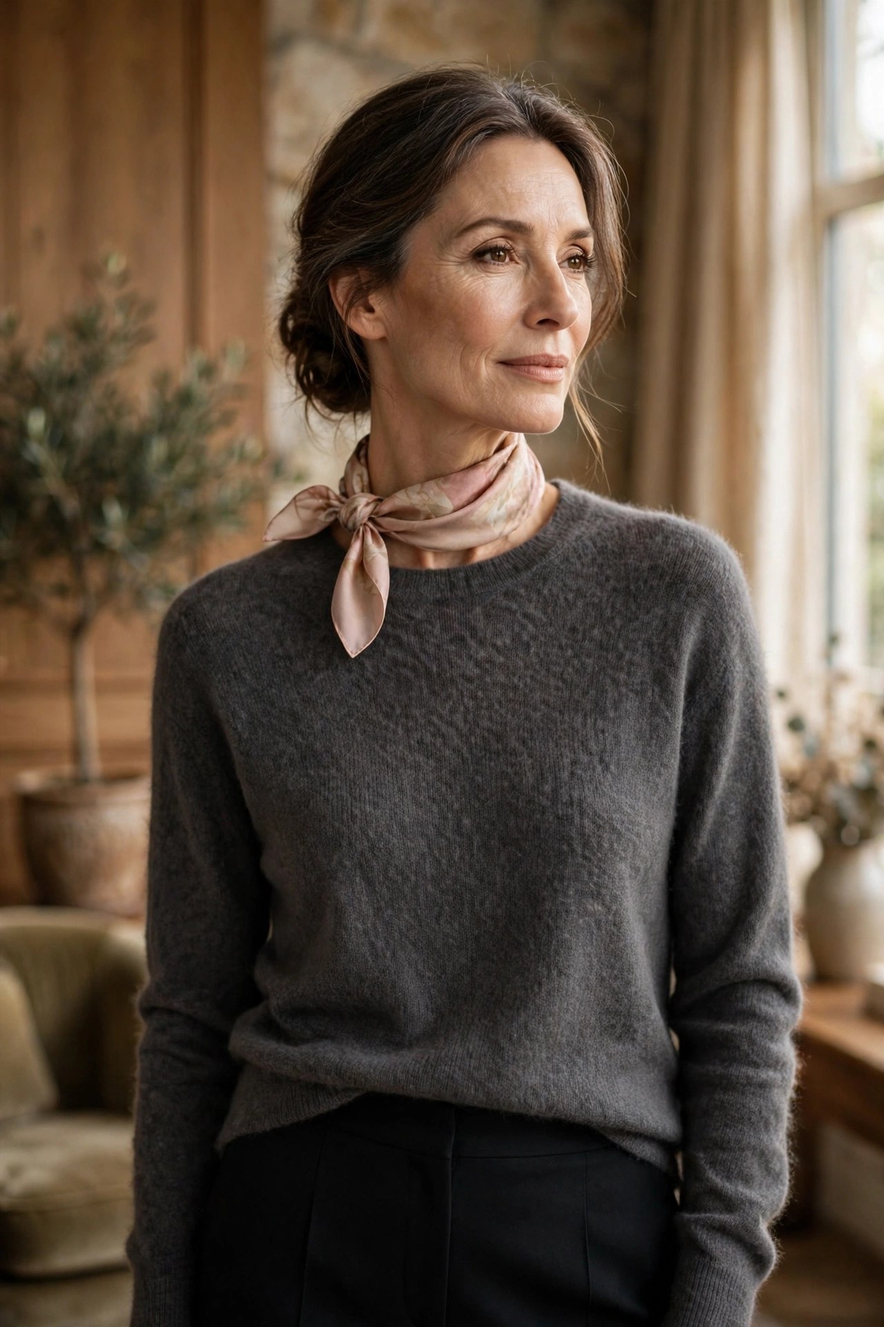 Woman over 50 in a camel trench coat with a silk scarf in a loose loop knot