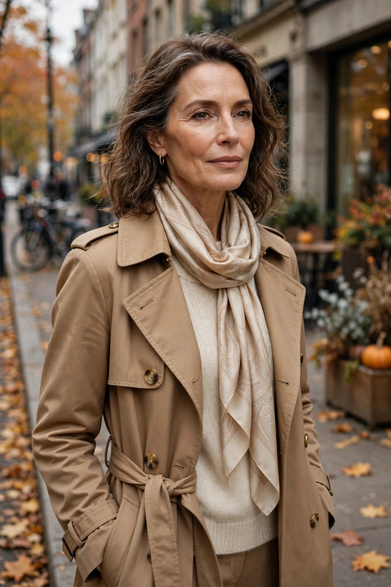 Woman over 50 wearing a charcoal sweater with a silk scarf tied in a side bow