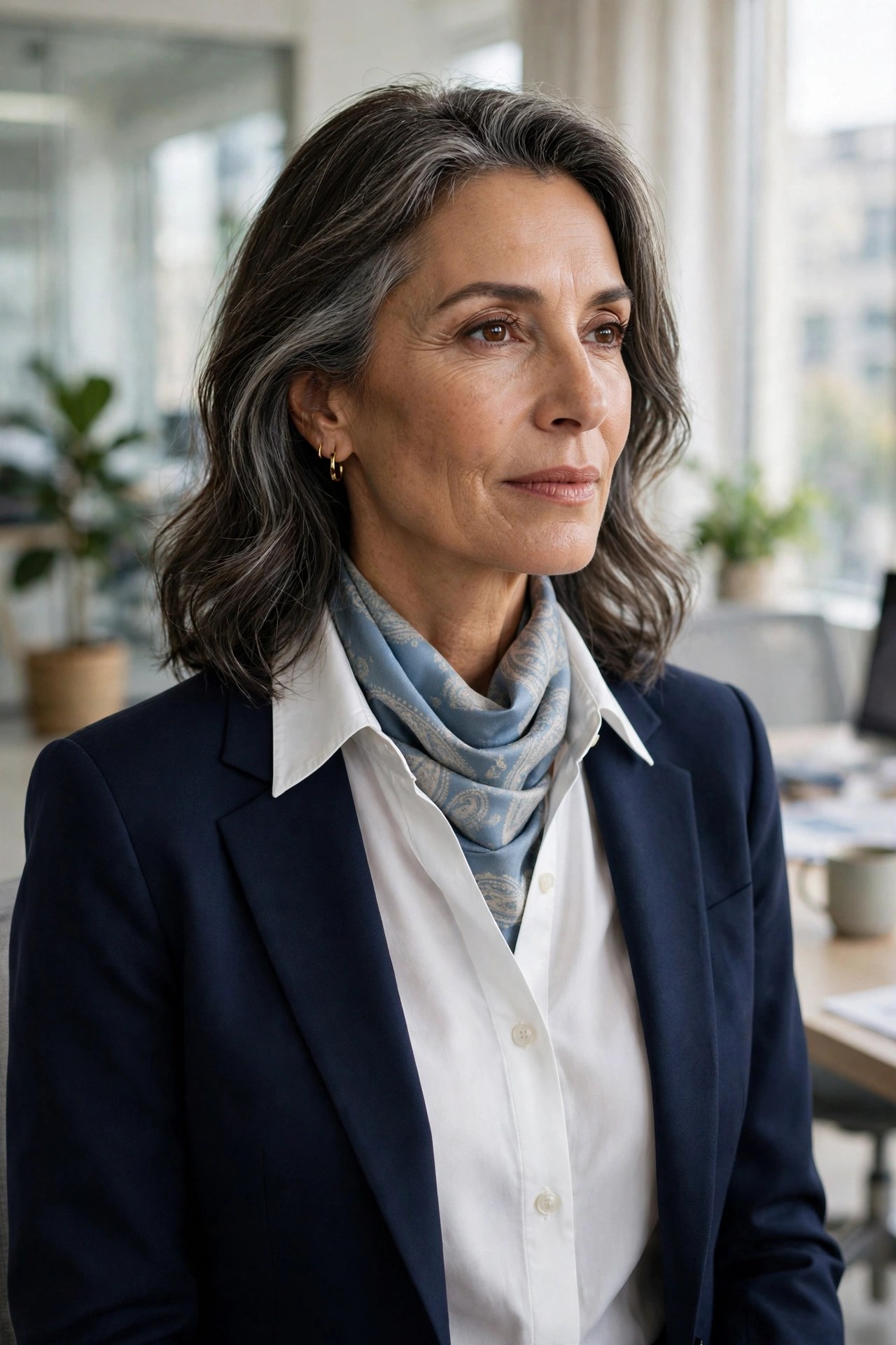 Woman over 50 in a white blouse and blazer with a silk scarf tucked ascot-style