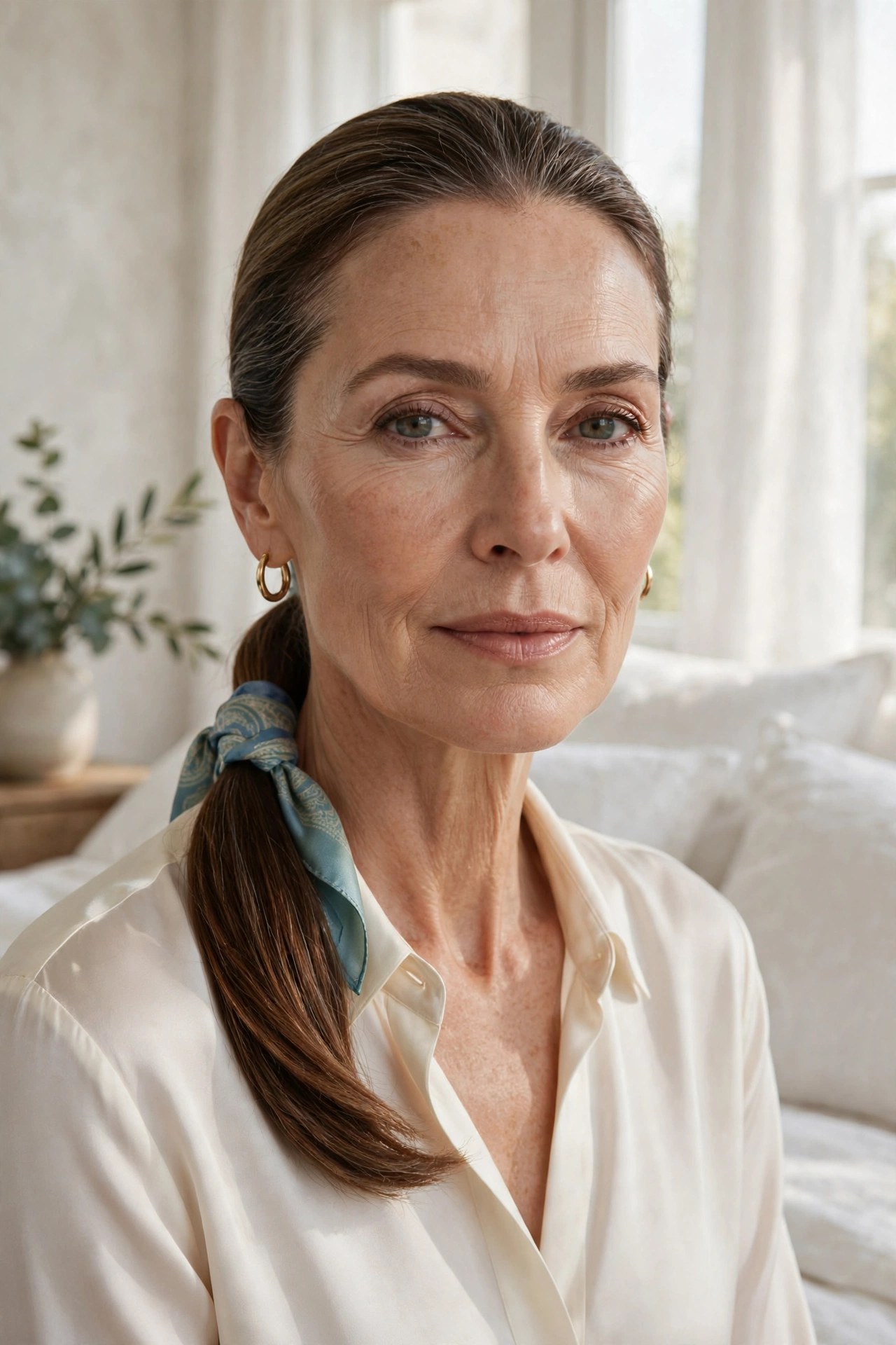 Woman over 50 with a low ponytail wrapped with a silk scarf at the base