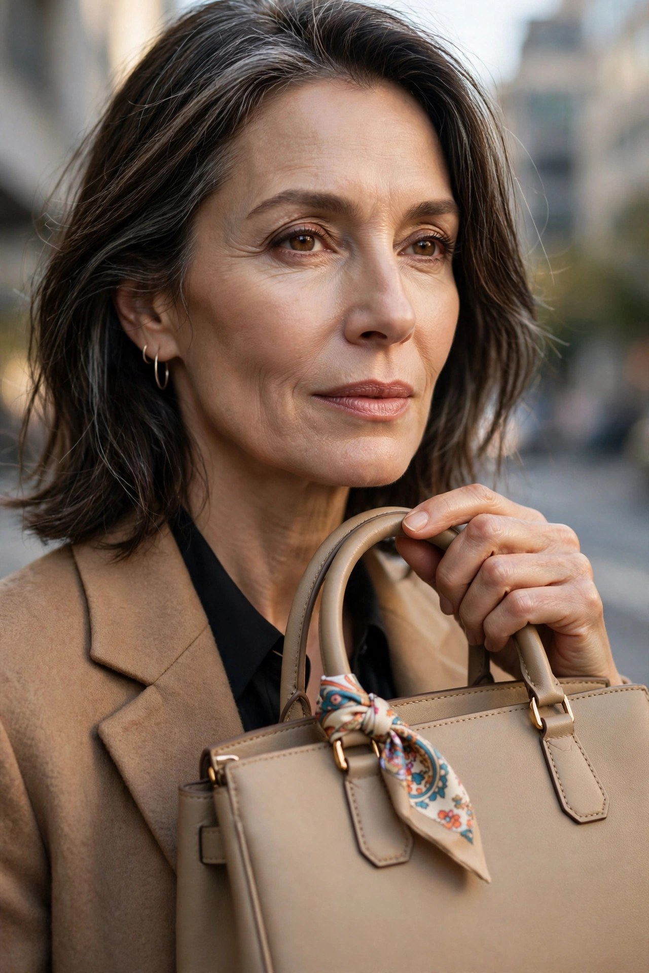 Woman over 50 holding a handbag with a silk scarf tied on the handle