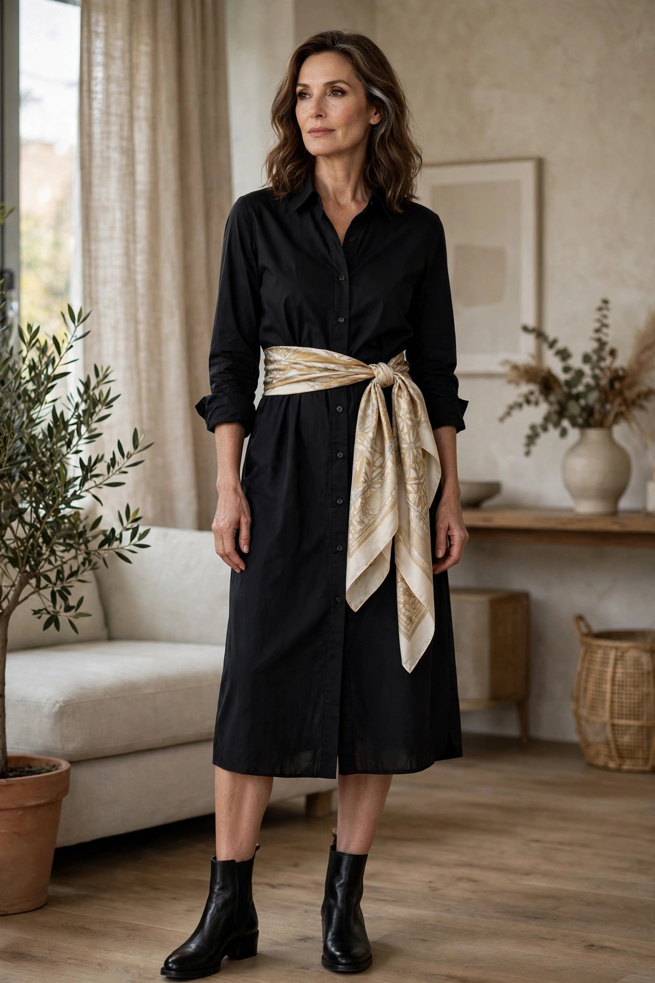 Woman over 50 wearing a black dress with a silk scarf tied as a belt