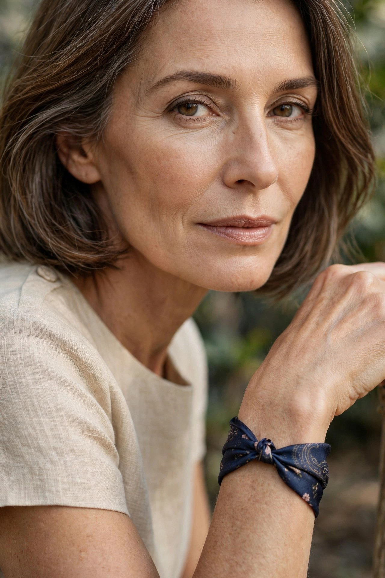 Woman over 50 with a silk scarf wrapped twice around her wrist as a bracelet