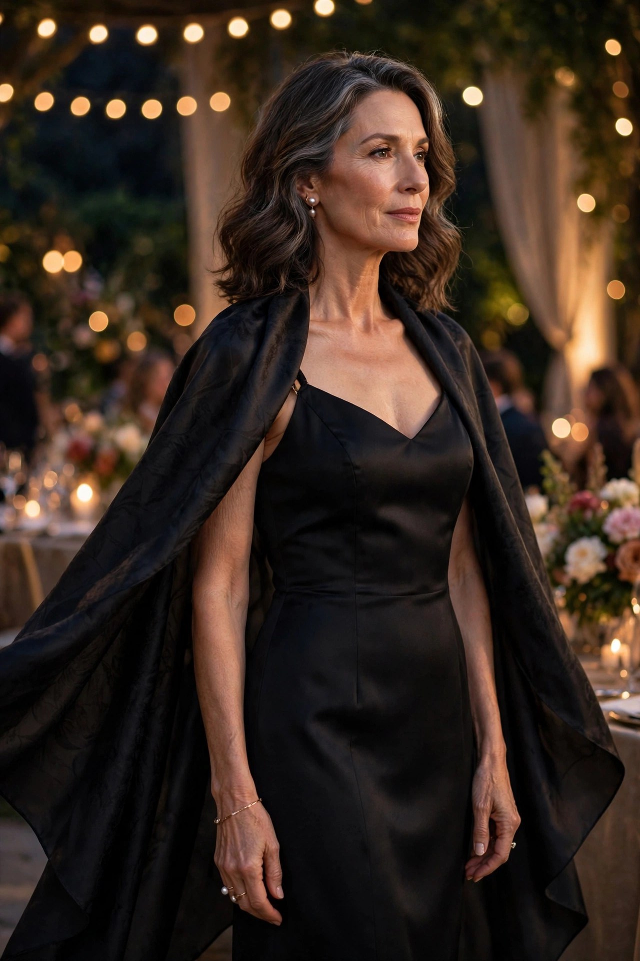 Woman over 50 wearing a black cocktail dress with a silk scarf draped over shoulders