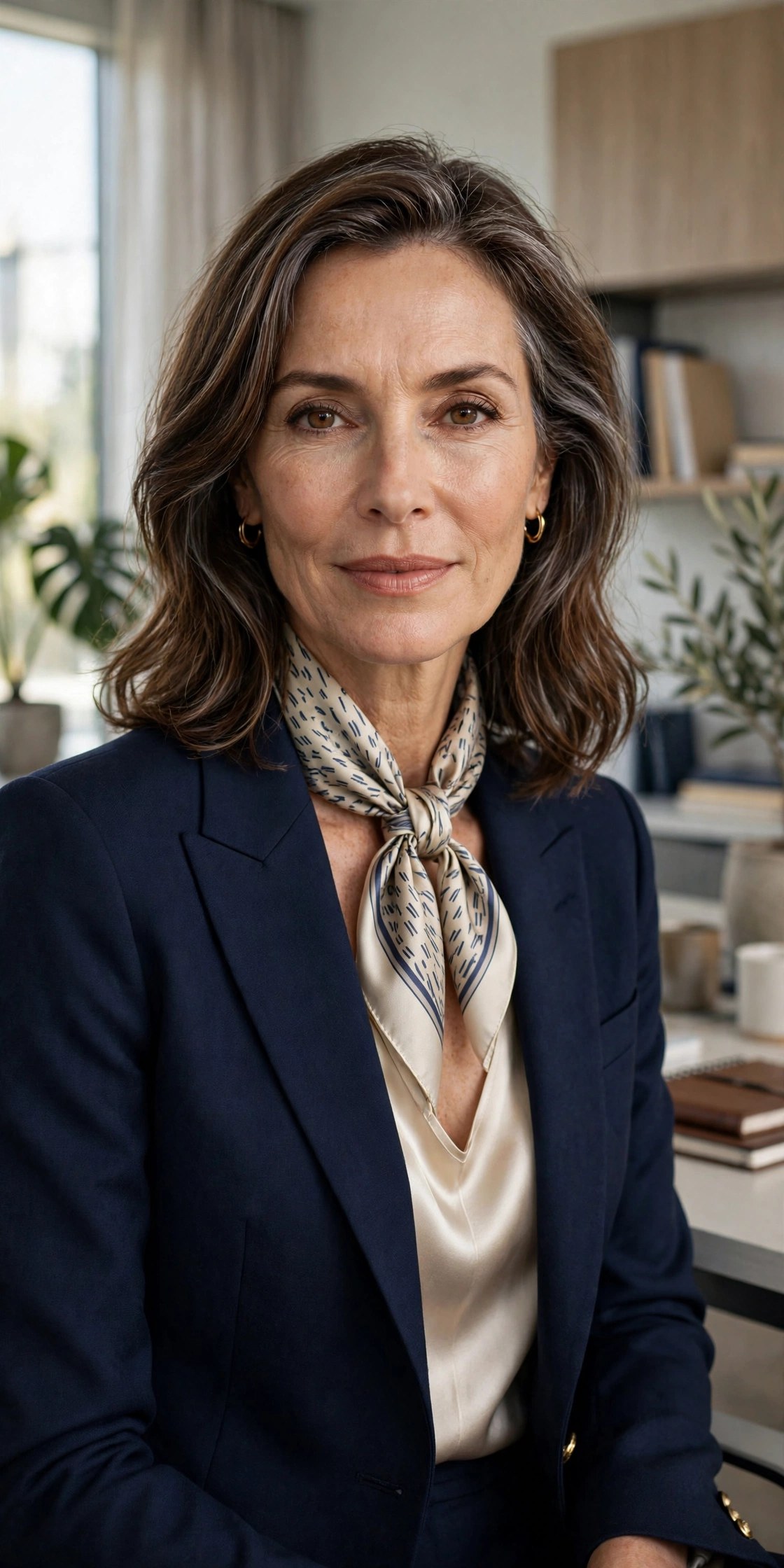 Woman over 50 in a tailored blazer with a silk scarf in a crisp throat knot